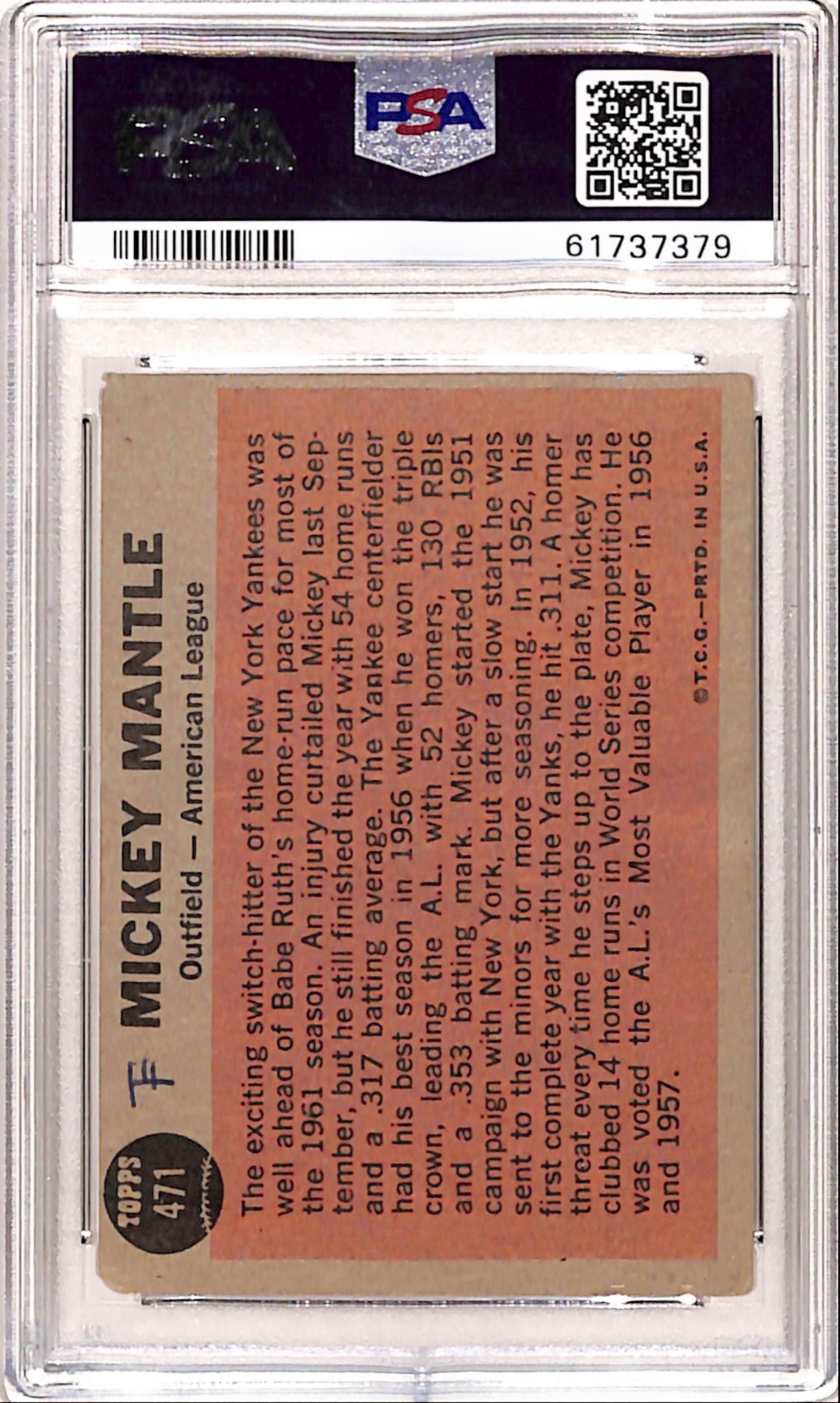Mickey Mantle 1962 Topps All-Star #471 PSA 2 MK Good