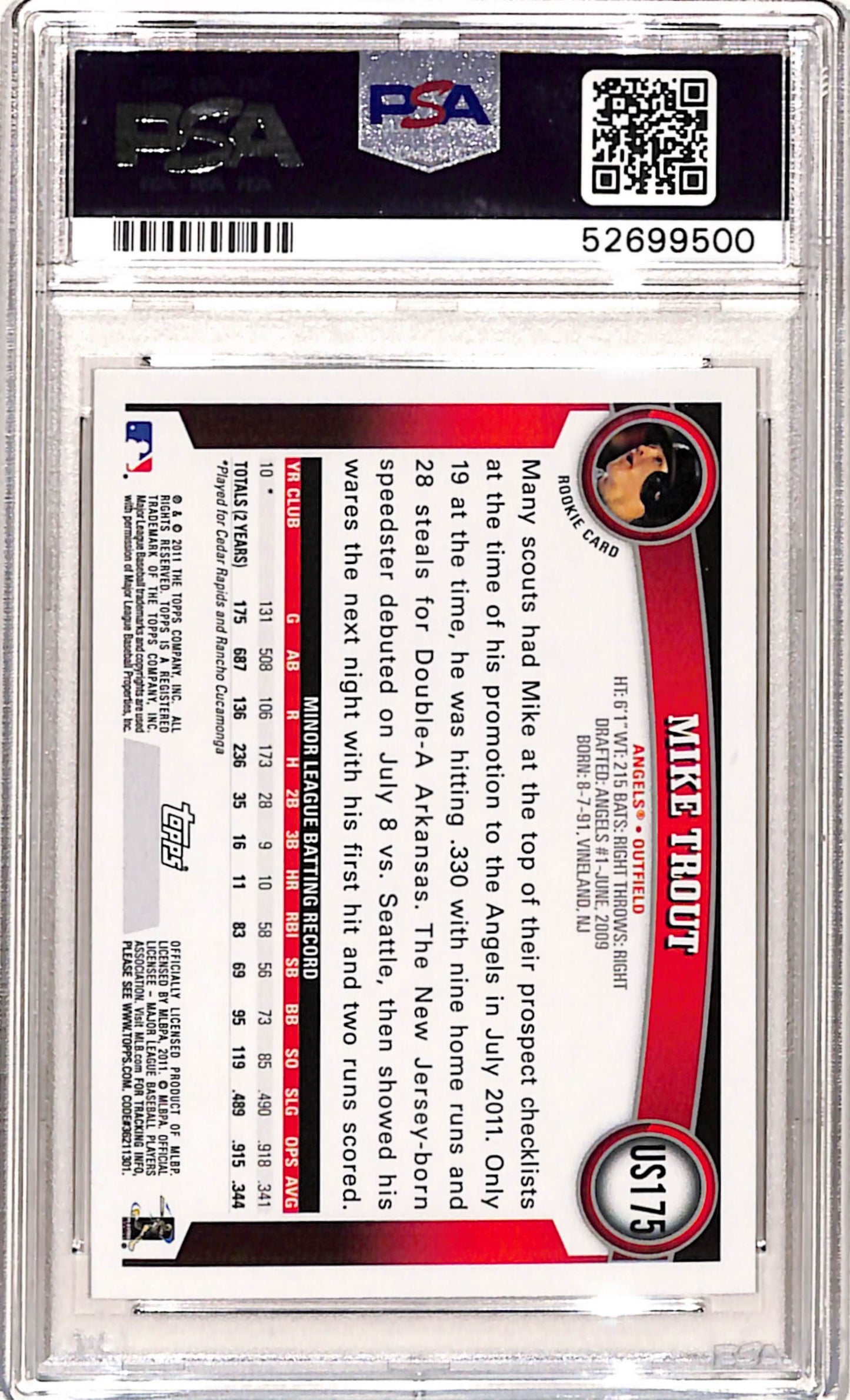 Mike Trout 2011 Topps Update #US175 Rookie PSA 9 Mint 9500