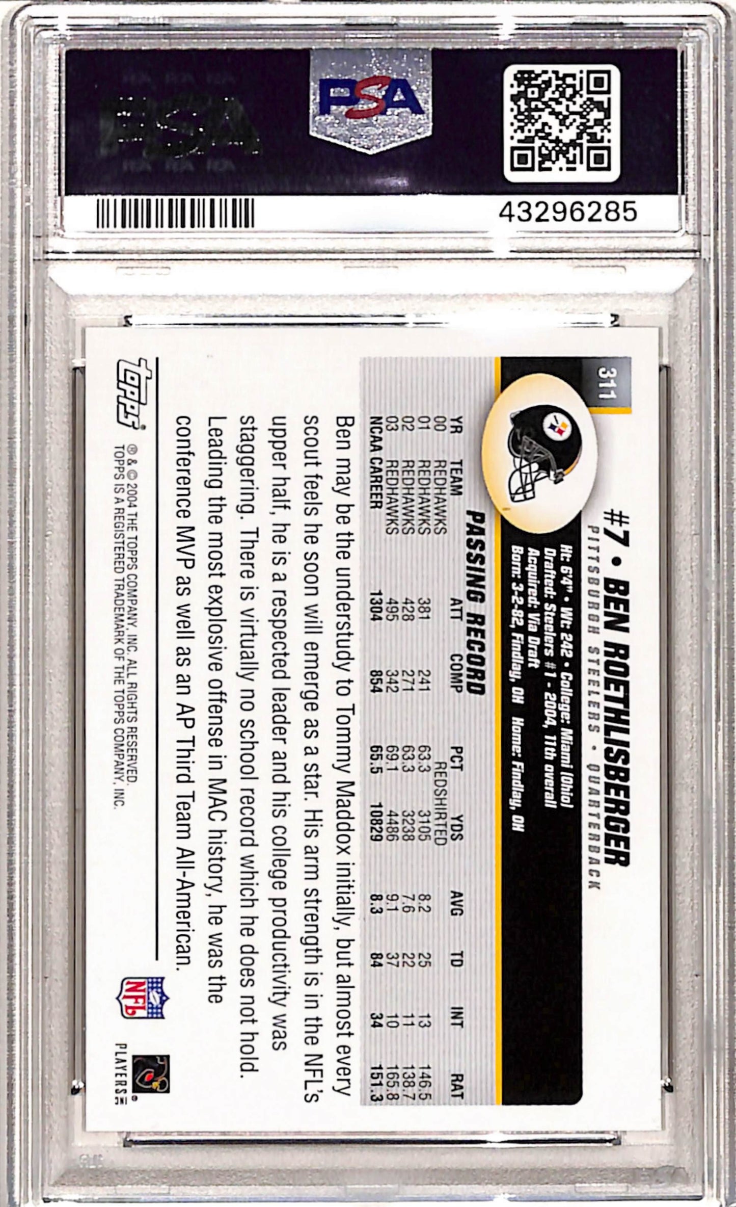 Ben Roethlisberger 2004 Topps Rookie #311 PSA 10 Gem Mint 6285