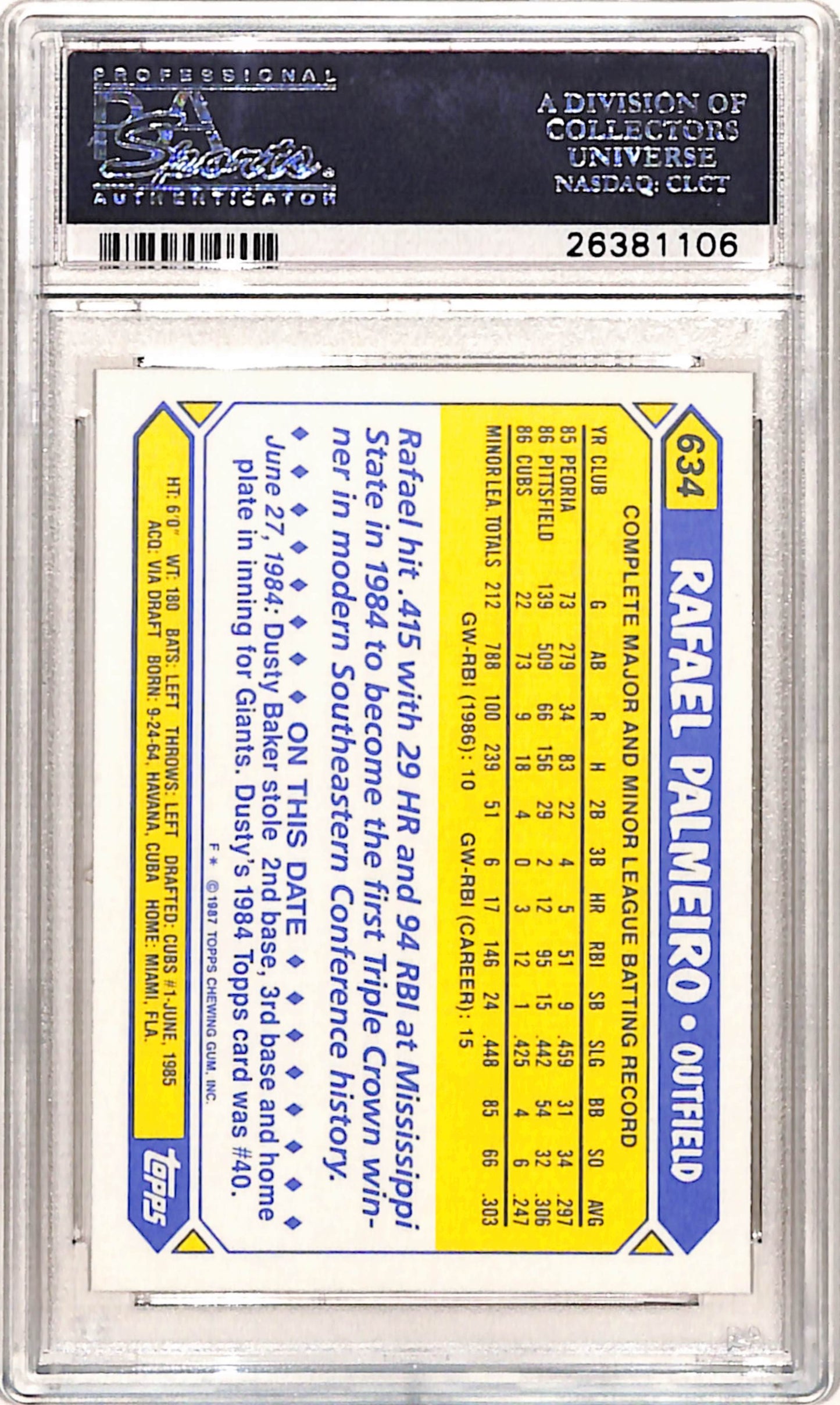 Rafael Palmeiro 1987 Topps Tiffany Rookie #634 PSA 10 Gem Mint