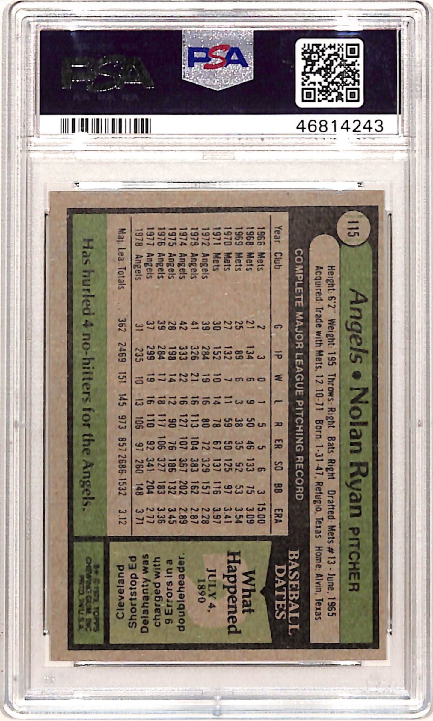 Nolan Ryan 1979 Topps #115 PSA 9 Mint