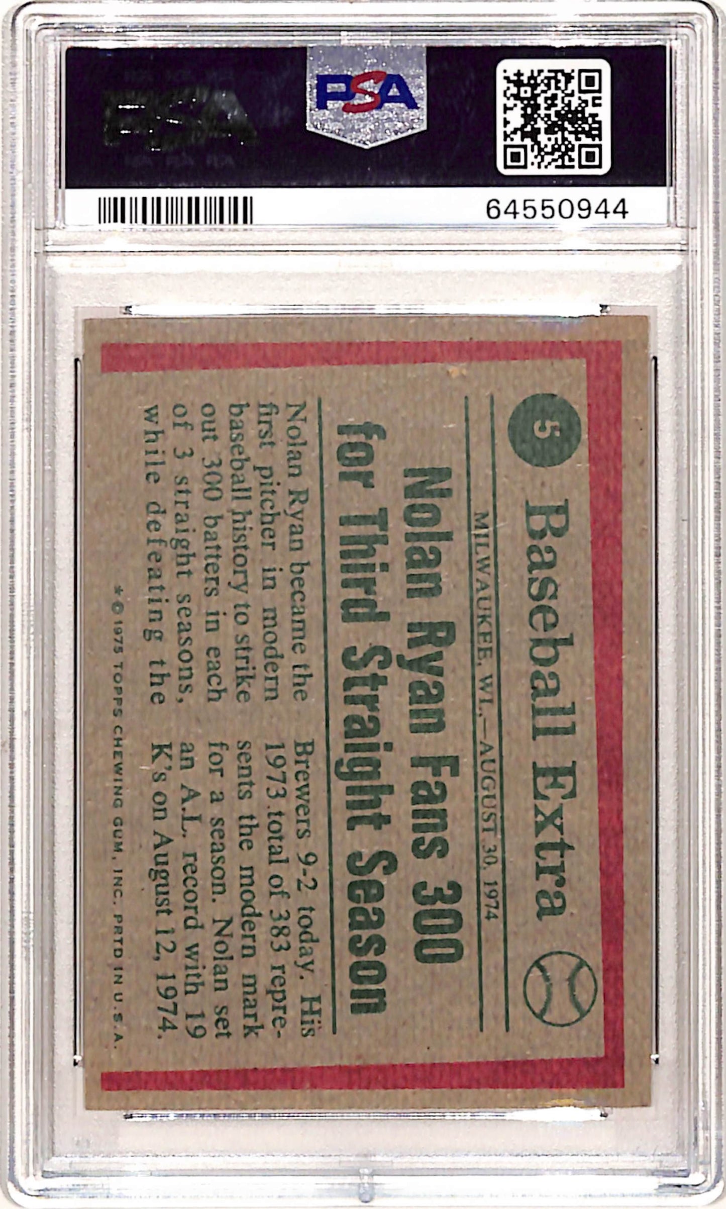 Nolan Ryan 1975 Topps Highlights #5 PSA 8.5 Nm-Mint+