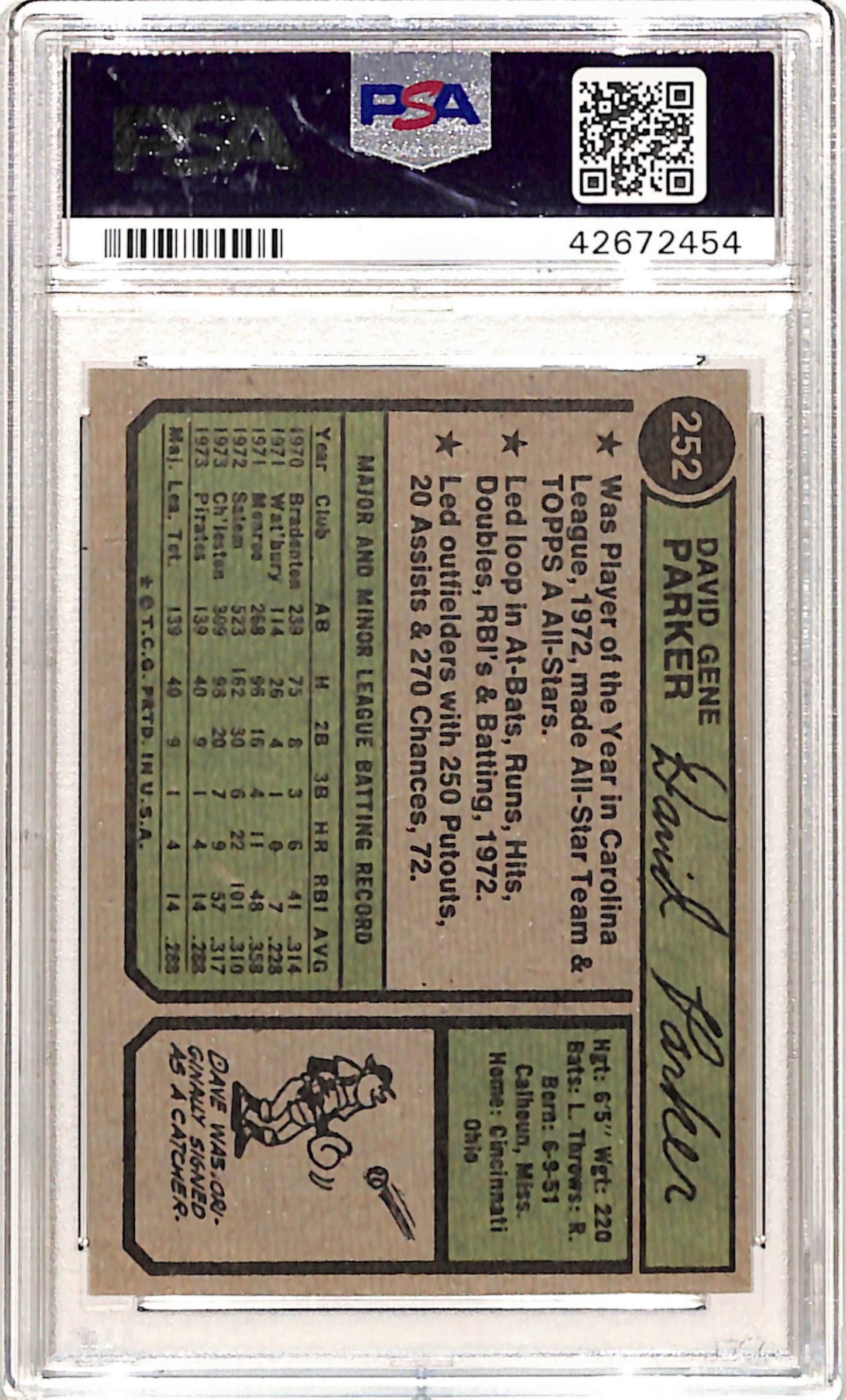 Dave Parker 1974 Topps Rookie #252 PSA 8 Nm-Mint