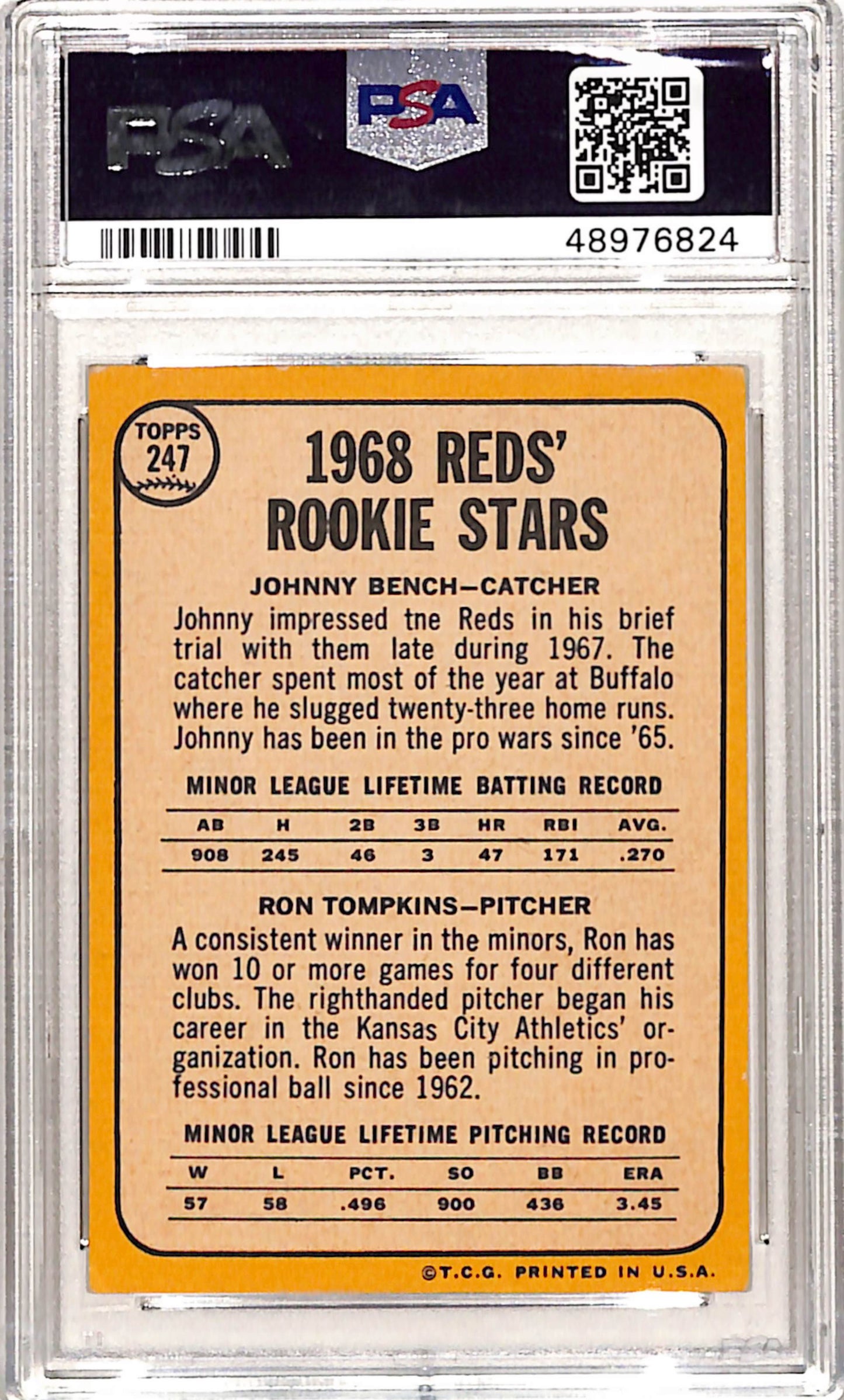 Johnny Bench 1968 Topps Rookie #247 PSA 4 Vg-Ex 6824