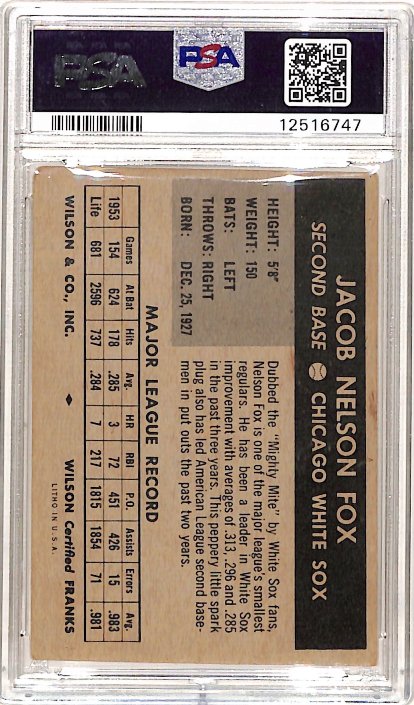 Nelson Fox 1954 Wilson Franks PSA 3 Very Good