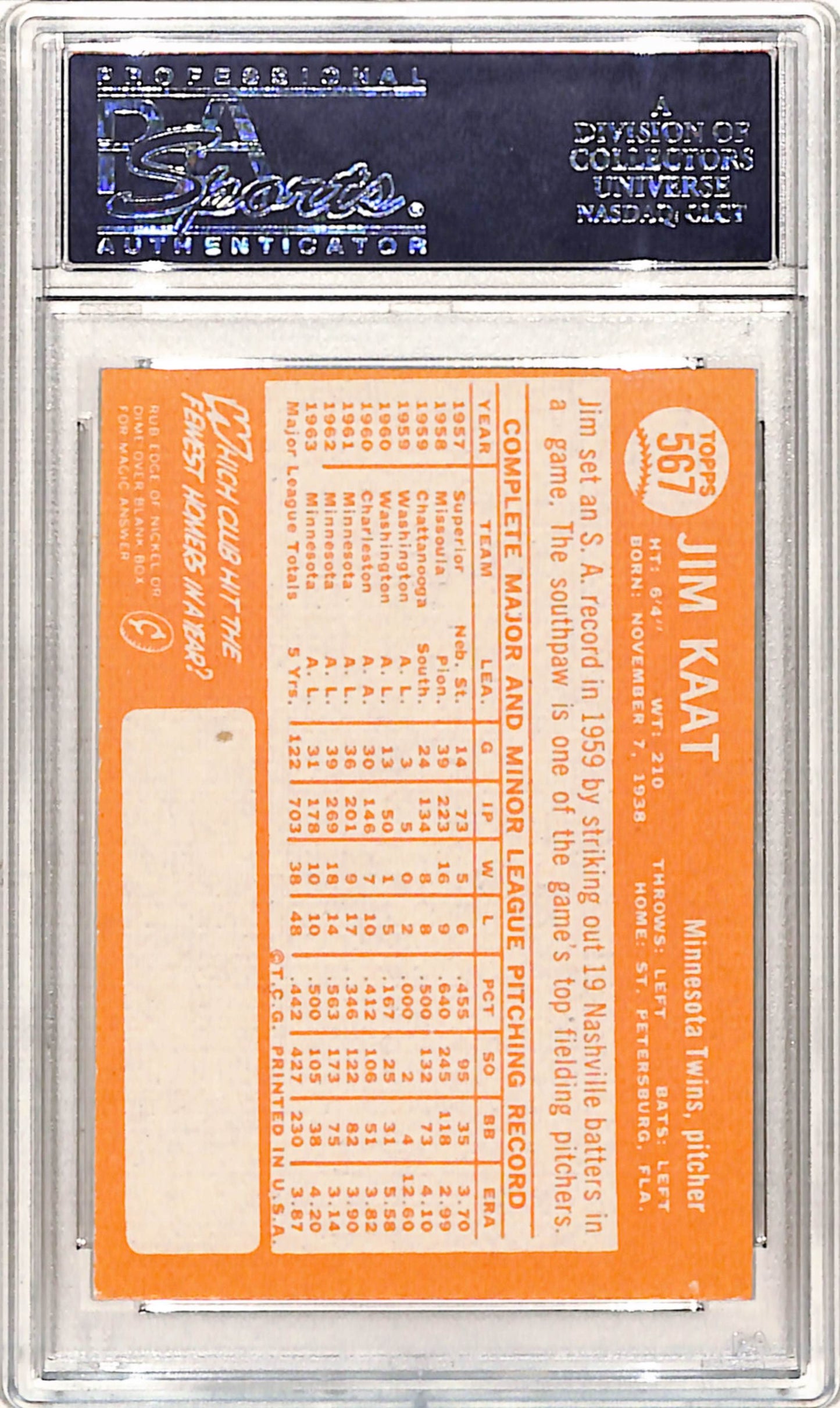 Jim Kaat 1964 Topps #567 PSA 8 Nm-Mint