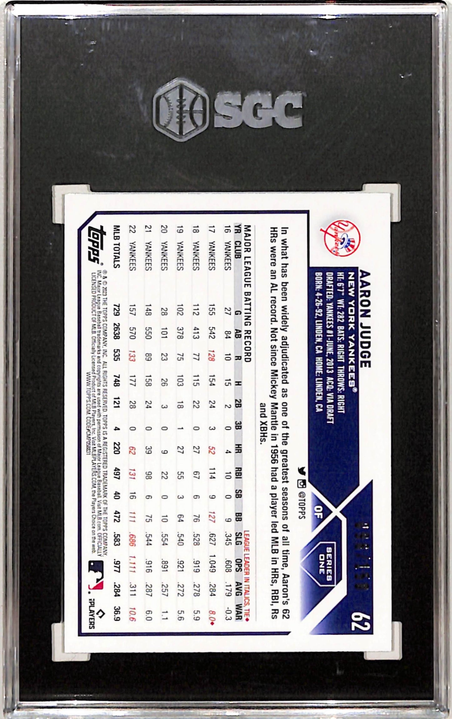 Aaron Judge 2023 Topps 1st Edition Green Foil #96/150 SGC 10 Gem Mint