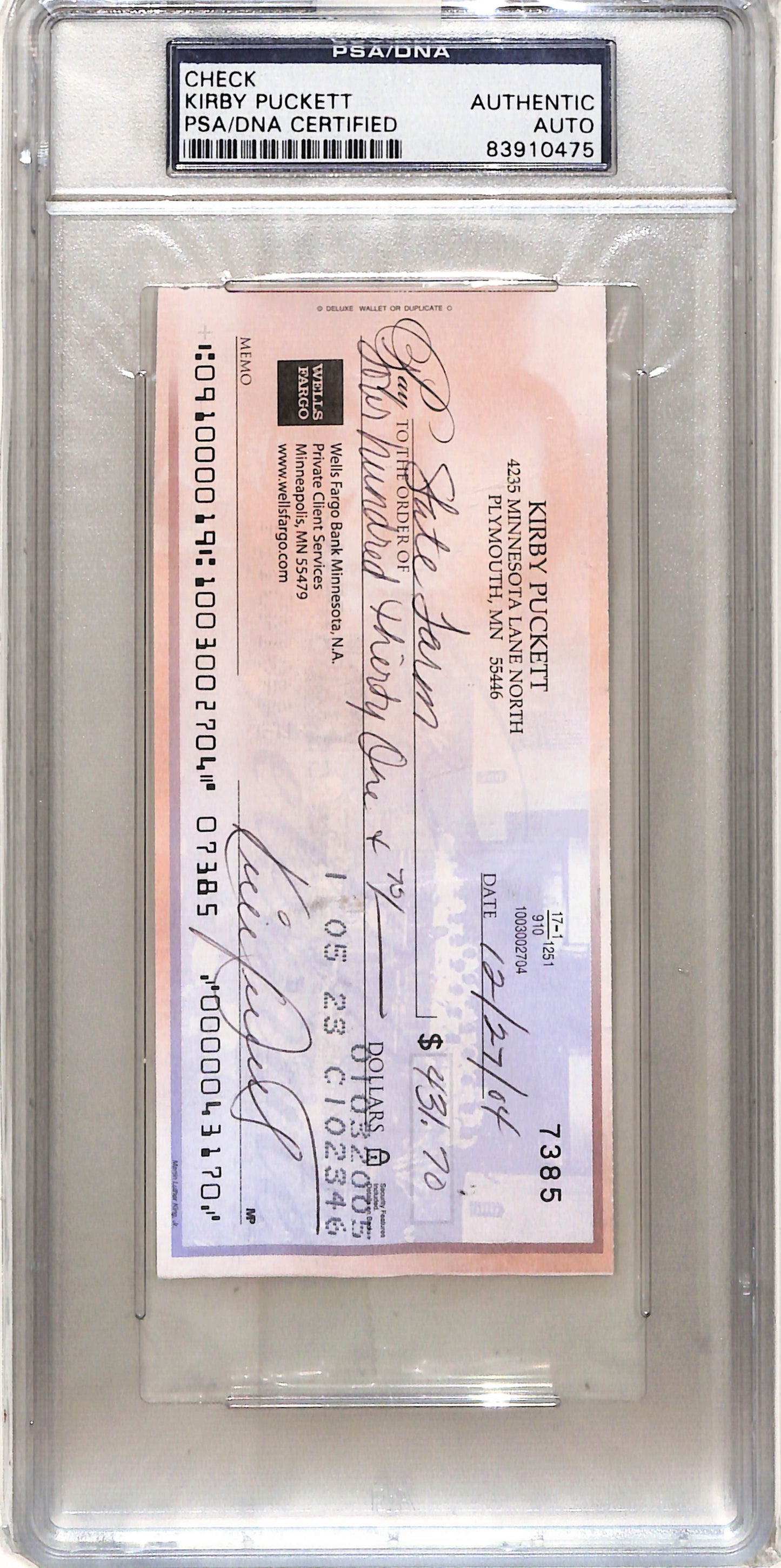 Kiirby Puckett PSA/DNA Signed Check PSA Authentic Auto