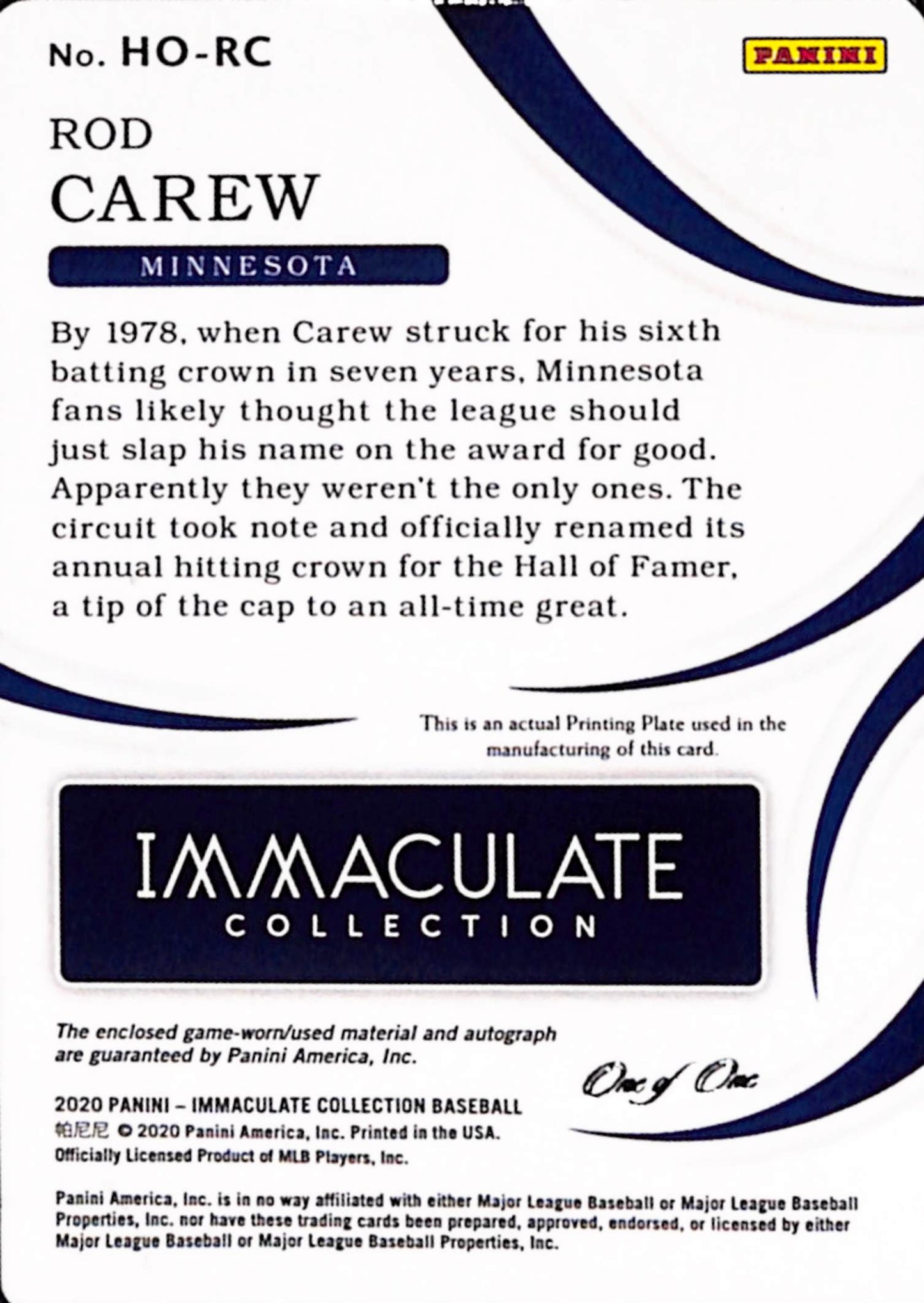 Rod Carew 2020 Panini Immaculate Patch Auto Printing Plate #1/1