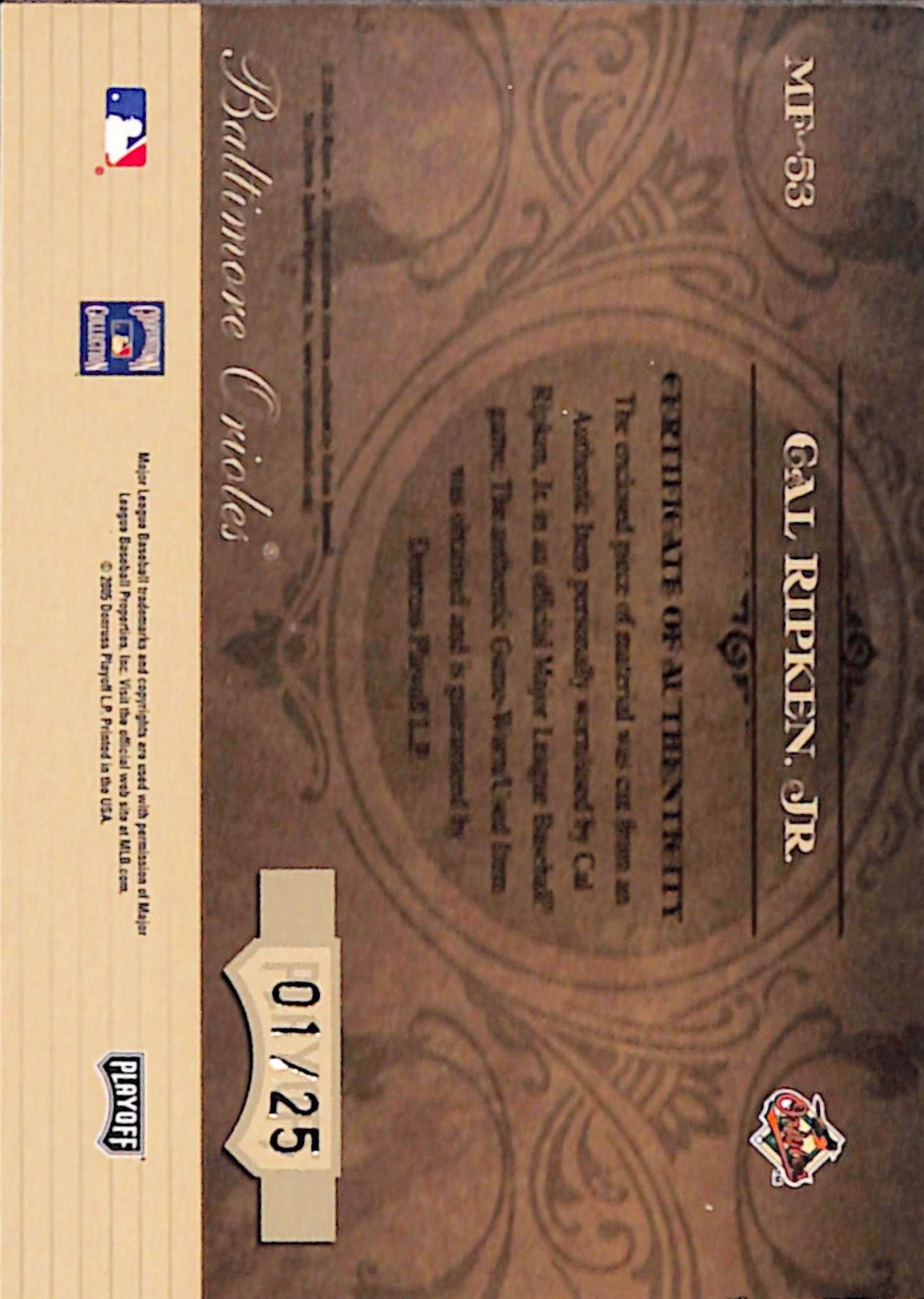 Cal Ripken Jr. 2005 Playoff Absolute Memorabilia Marks of Fame Jersey Auto #1/25
