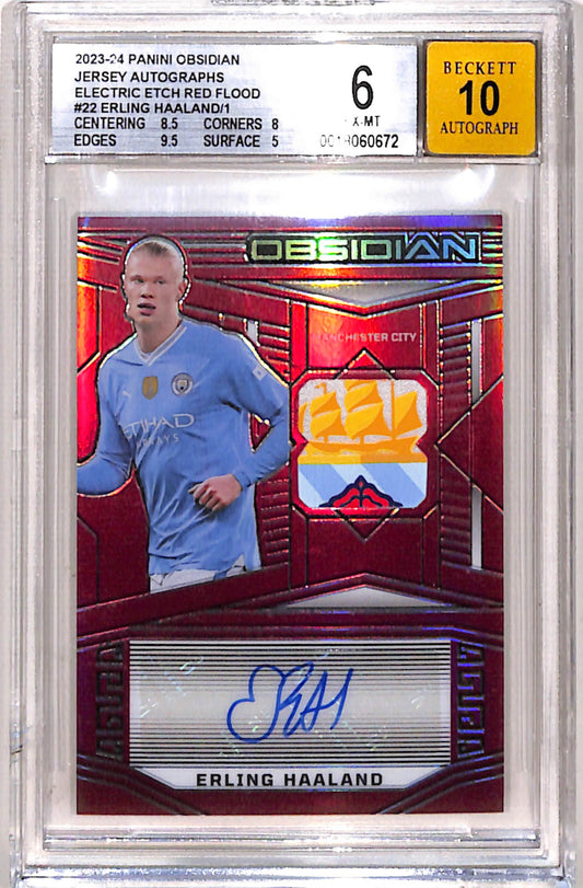 Erling Haaland 2023 Panini Obsidian Electric Etch 1/1 Patch BGS 6 Auto 10