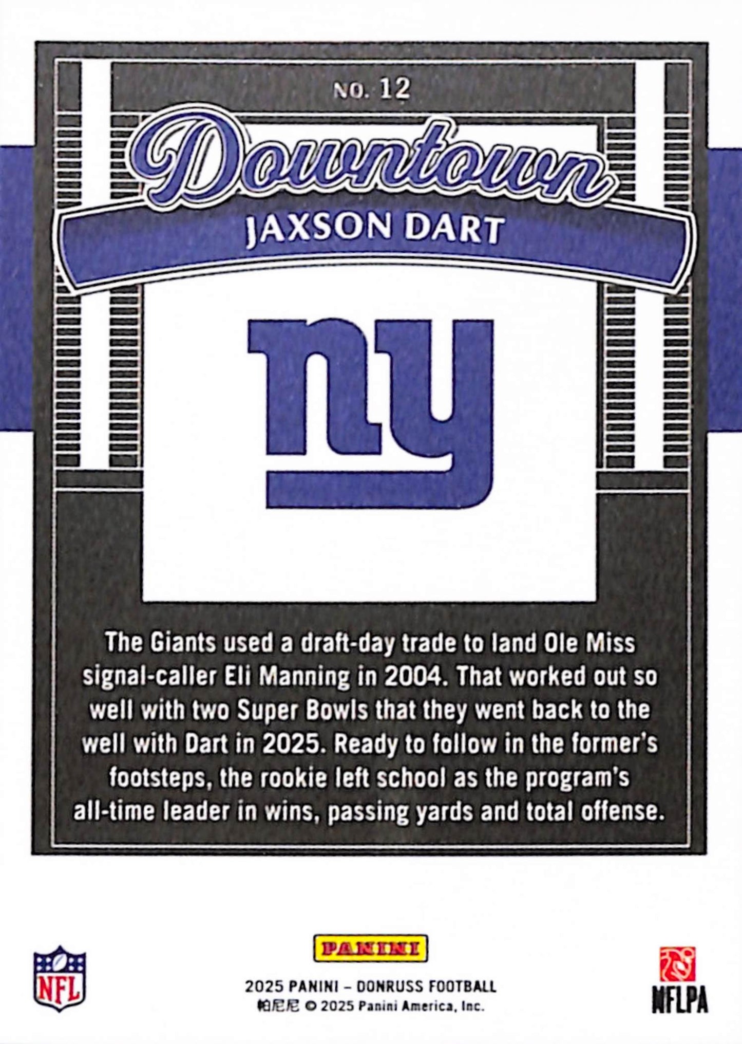 Jaxson Dart 2025 Donruss Horizontal Downtown Rookie