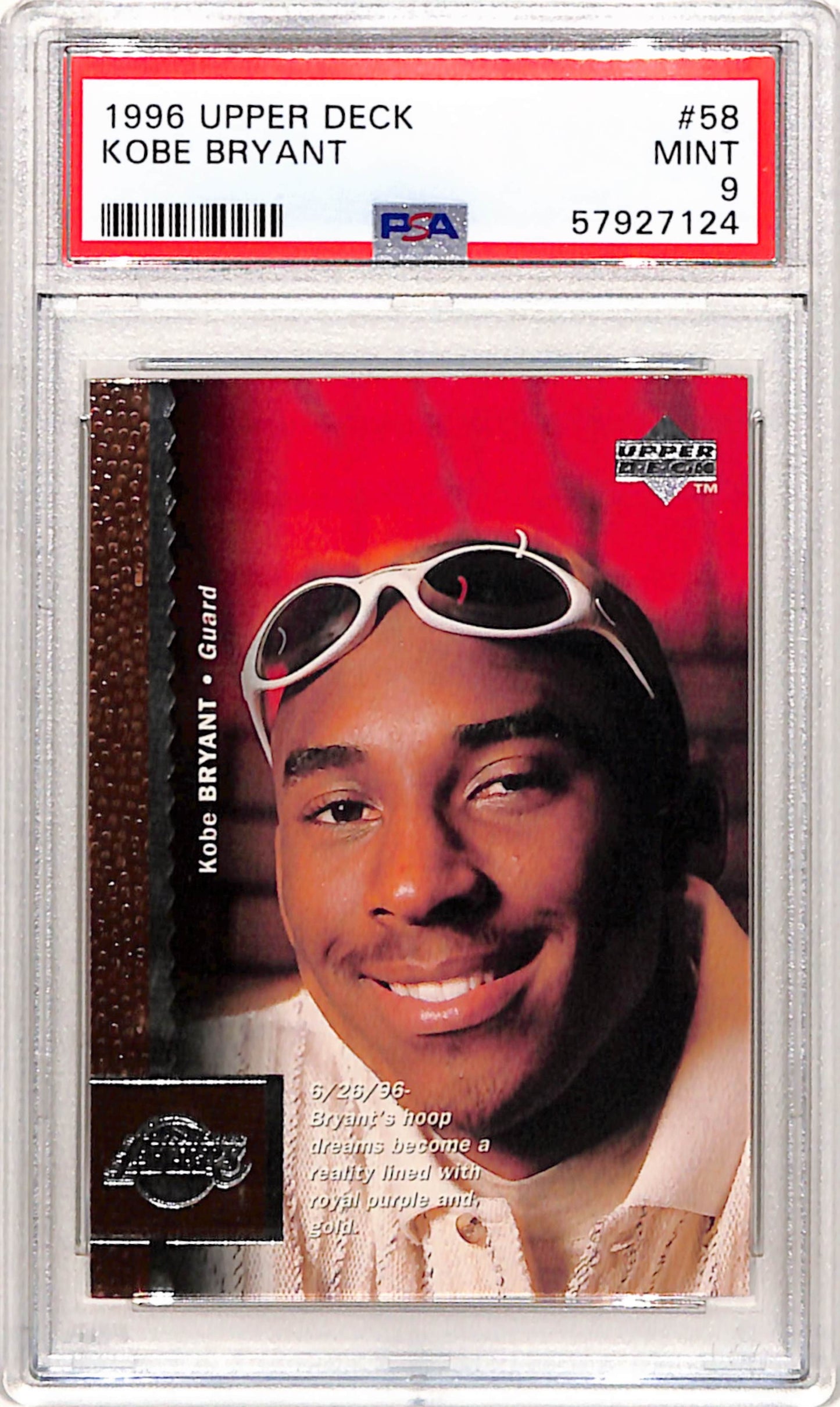 Kobe Bryant 1996 Upper Deck Rookie #58 PSA 9 Mint 7124