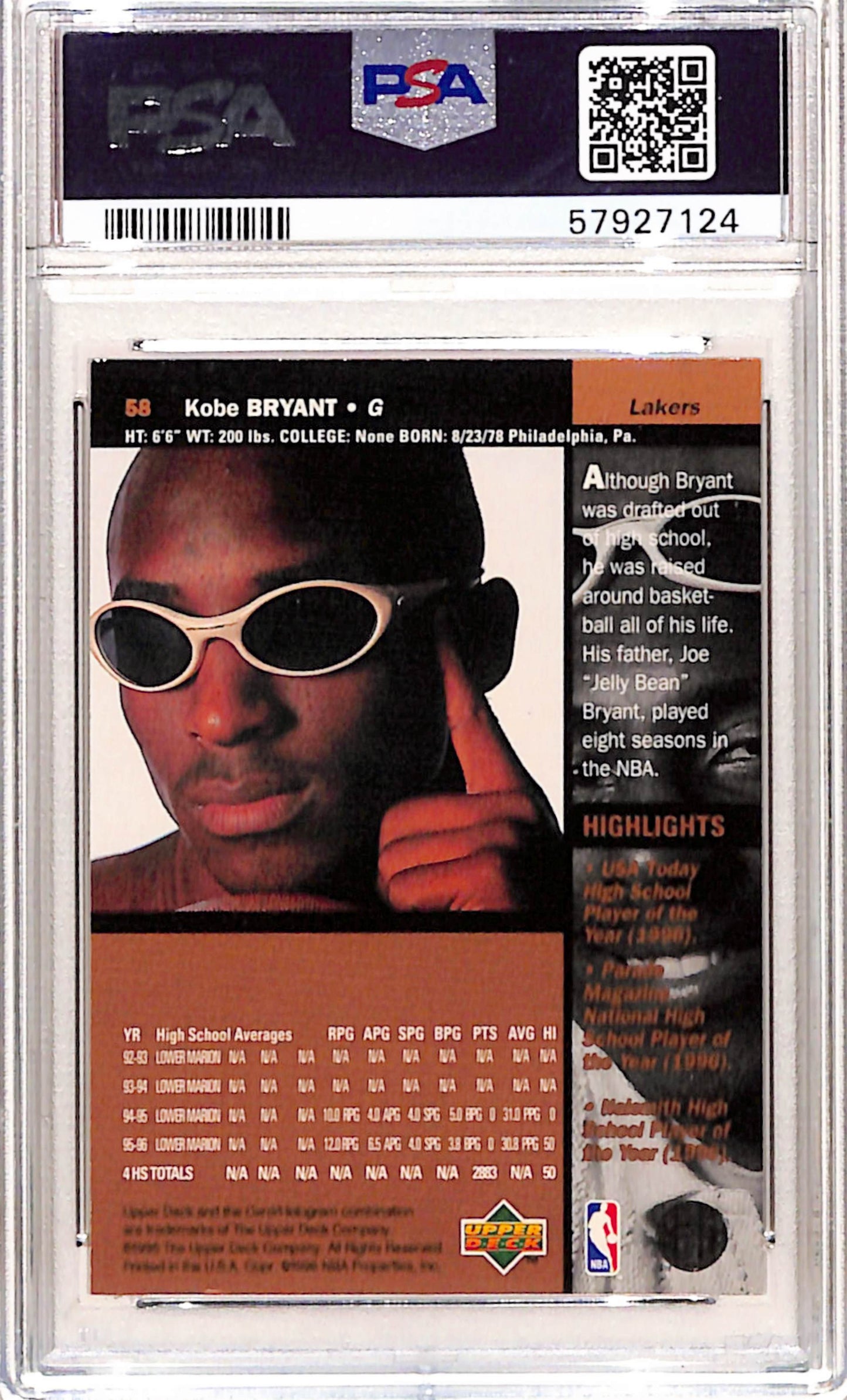 Kobe Bryant 1996 Upper Deck Rookie #58 PSA 9 Mint 7124