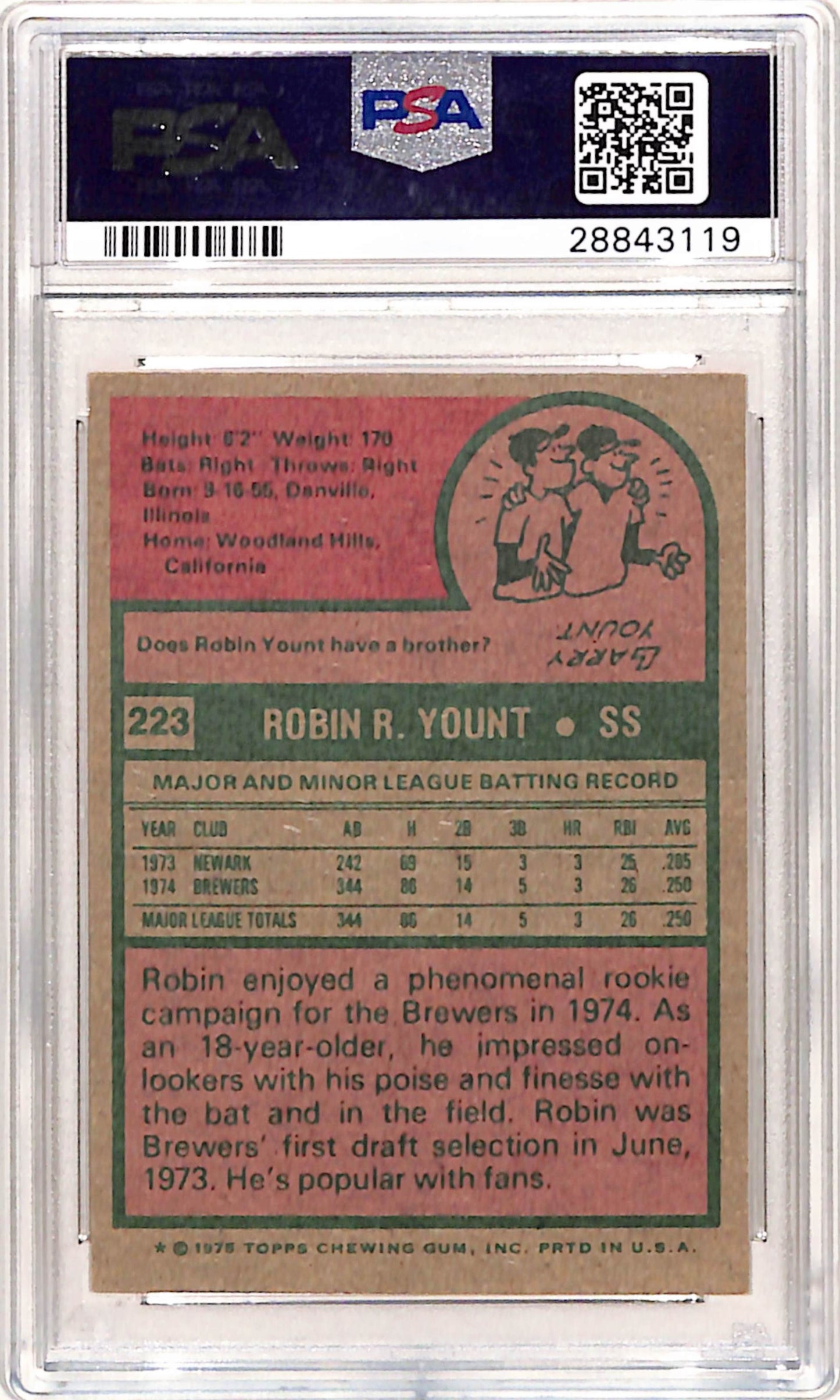 Robin Yount 1975 Topps Rookie #223 PSA 7 ST Near Mint