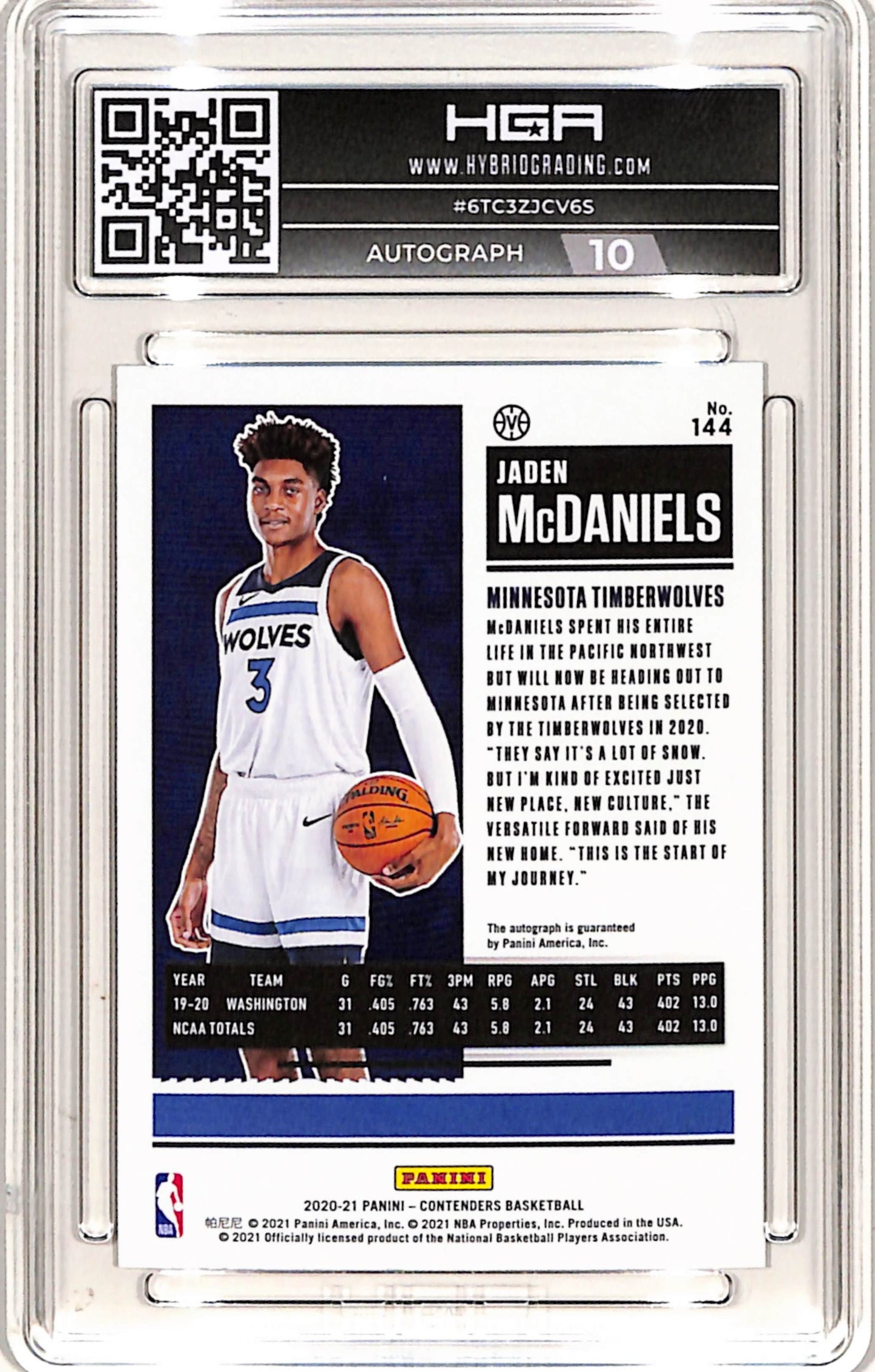 Jaden McDaniels 2020 Panini Contenders Rookie Variation Auto HGA 9.5 Gem Mint