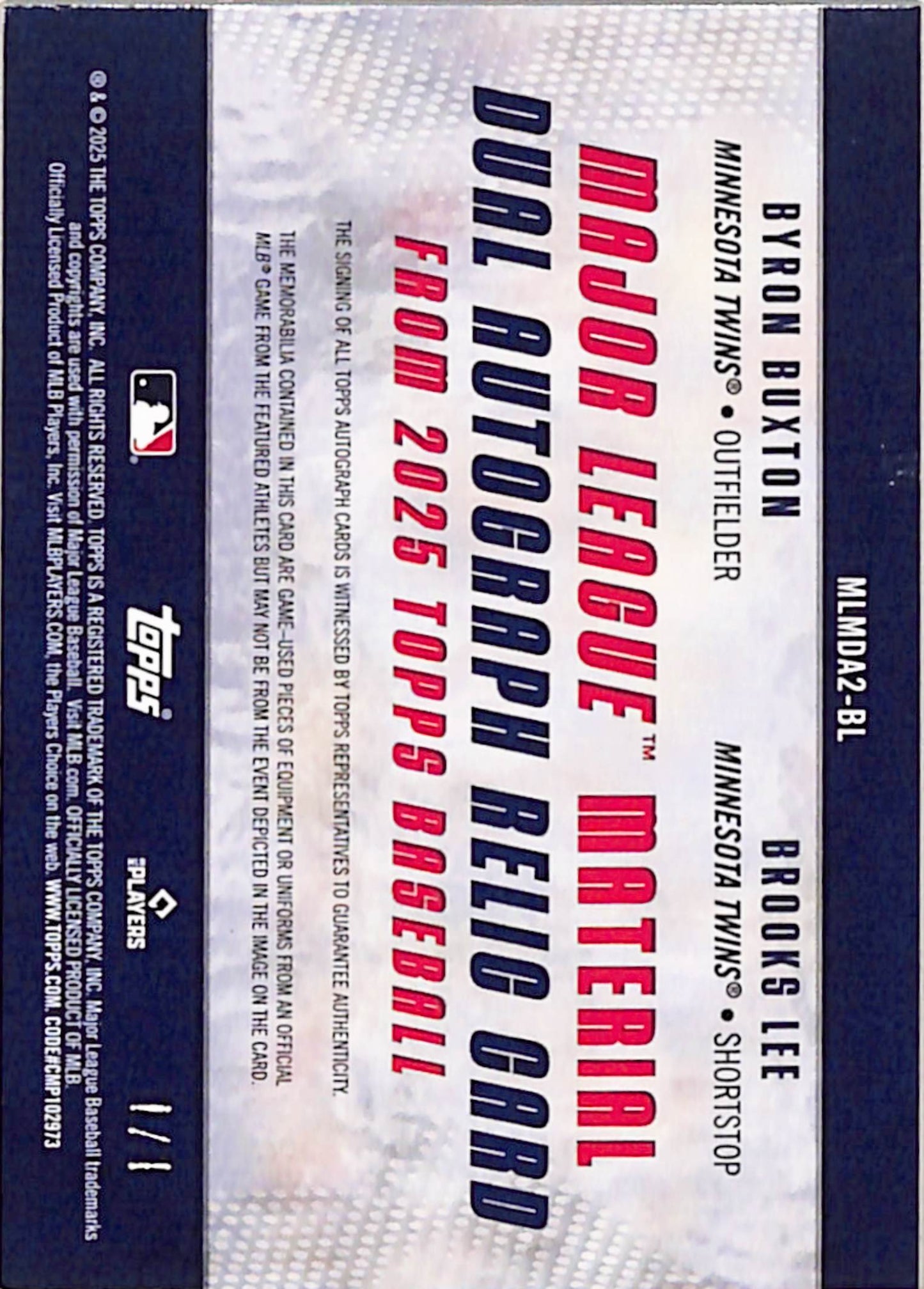 Byron Buxton + Brooks Lee 2025 Topps Dual Relic Auto #1/1