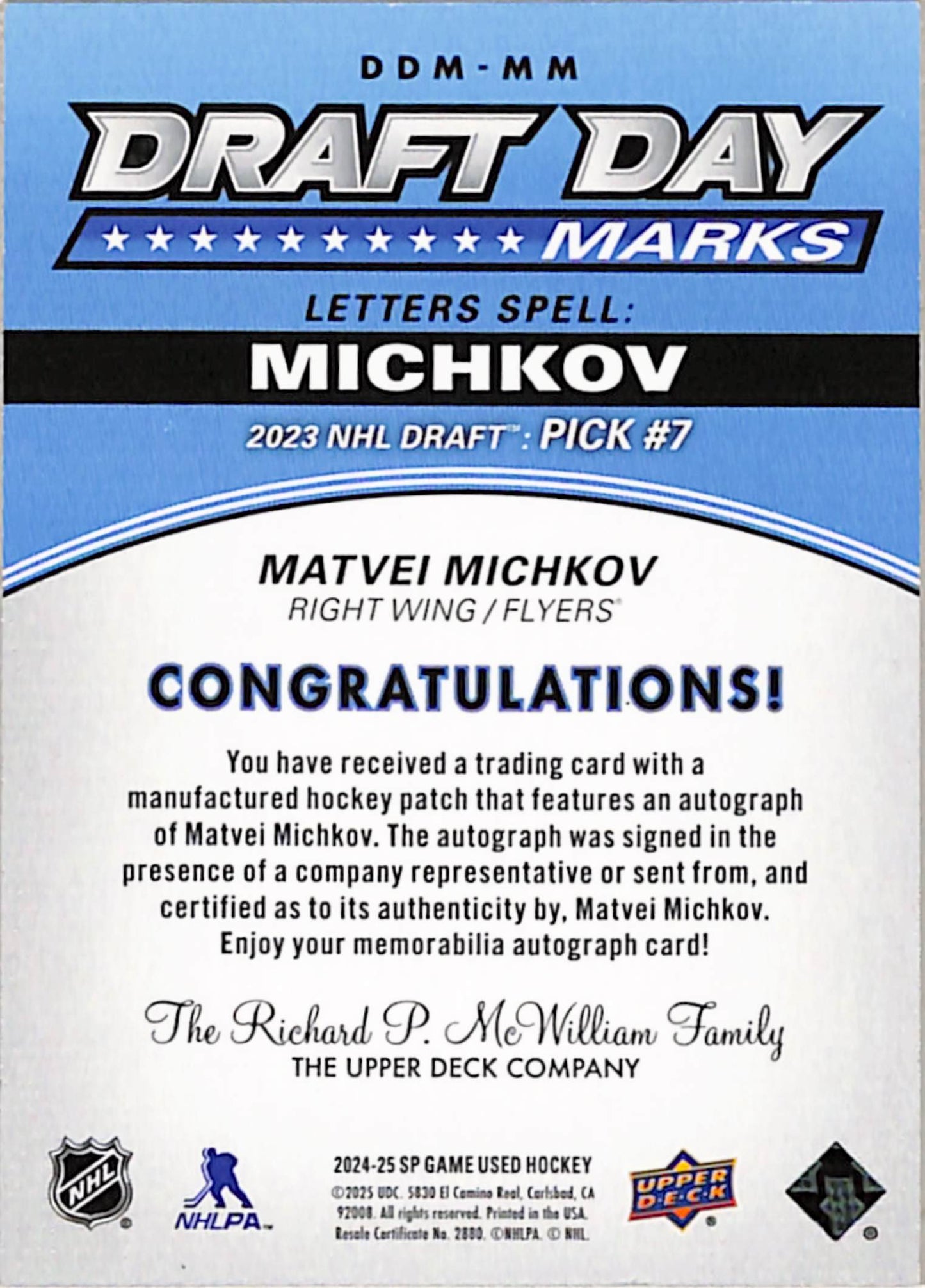 Matvei Michkov 2024 Upper Deck SP Game Used Draft Day Marks Auto #32/35