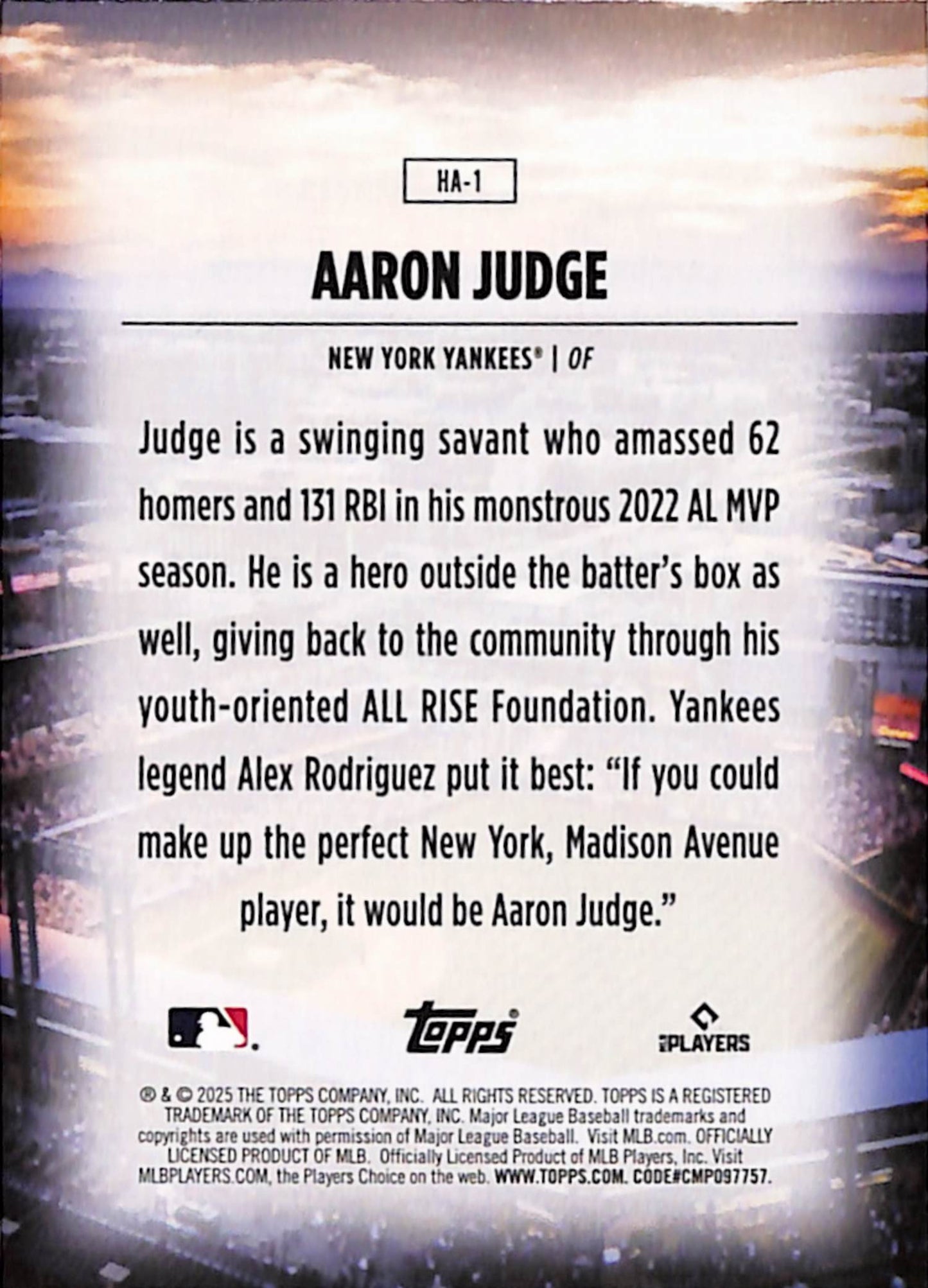 Aaron Judge 2025 Topps Home Field Advantage Case Hit Insert