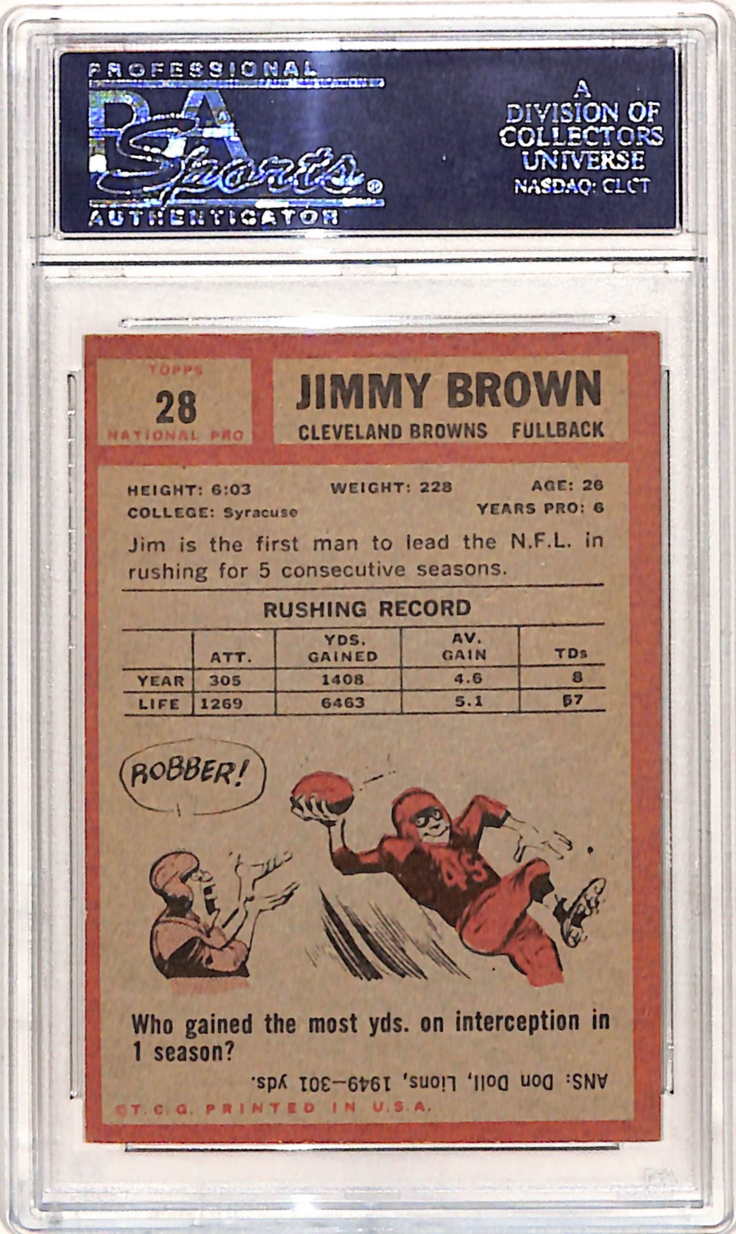 Jim Brown 1962 Topps #28 PSA 4 VG-EX