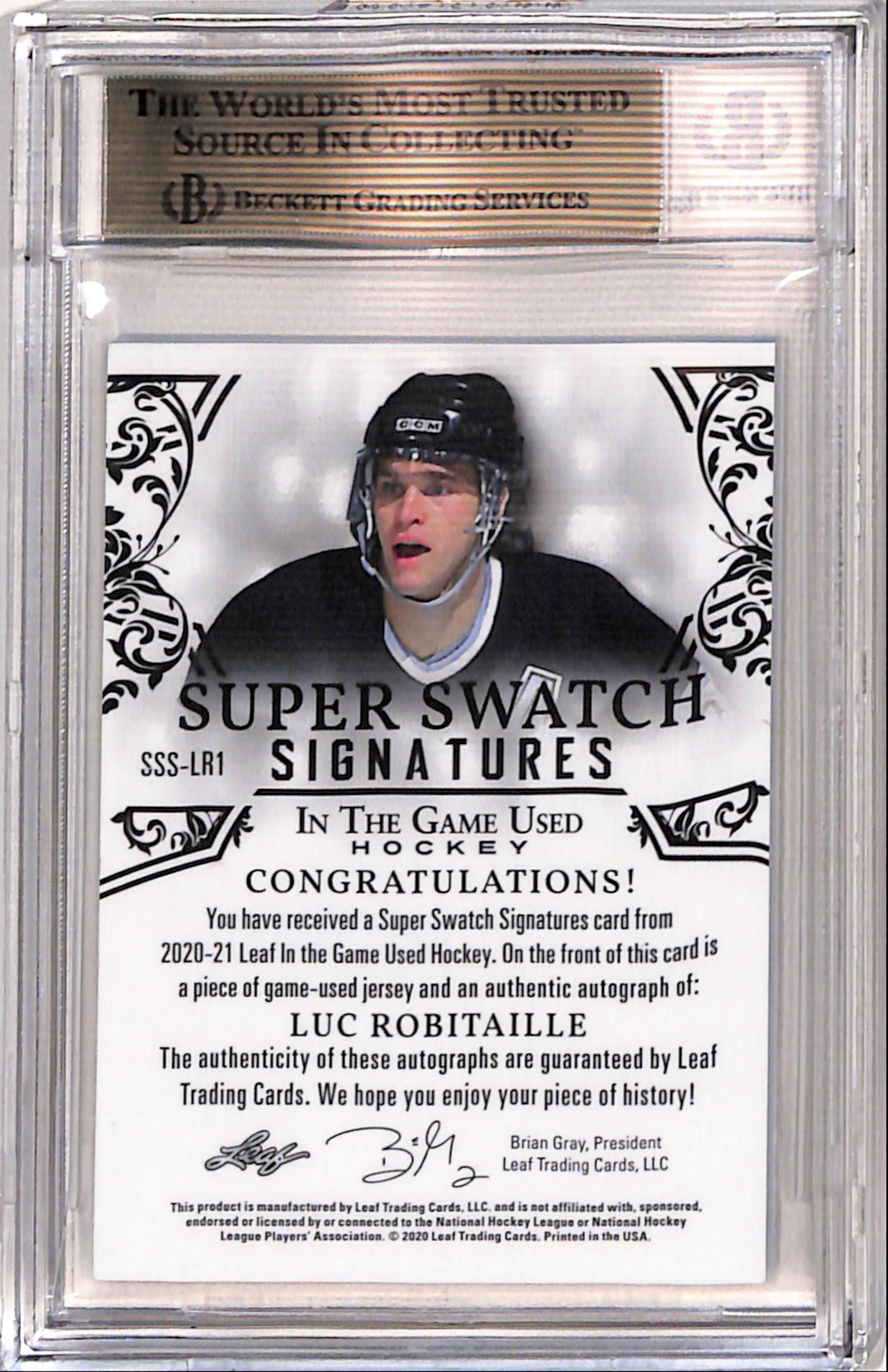 Luc Robitaille 2020 Leaf In The Game Super Swatch Signatures Jersey Auto #2/9 BGS 9.5