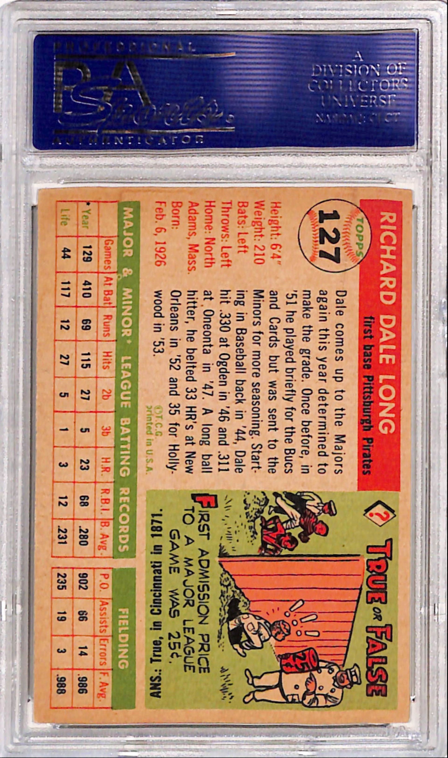Dale Long 1955 Topps #127 PSA 7 Near Mint