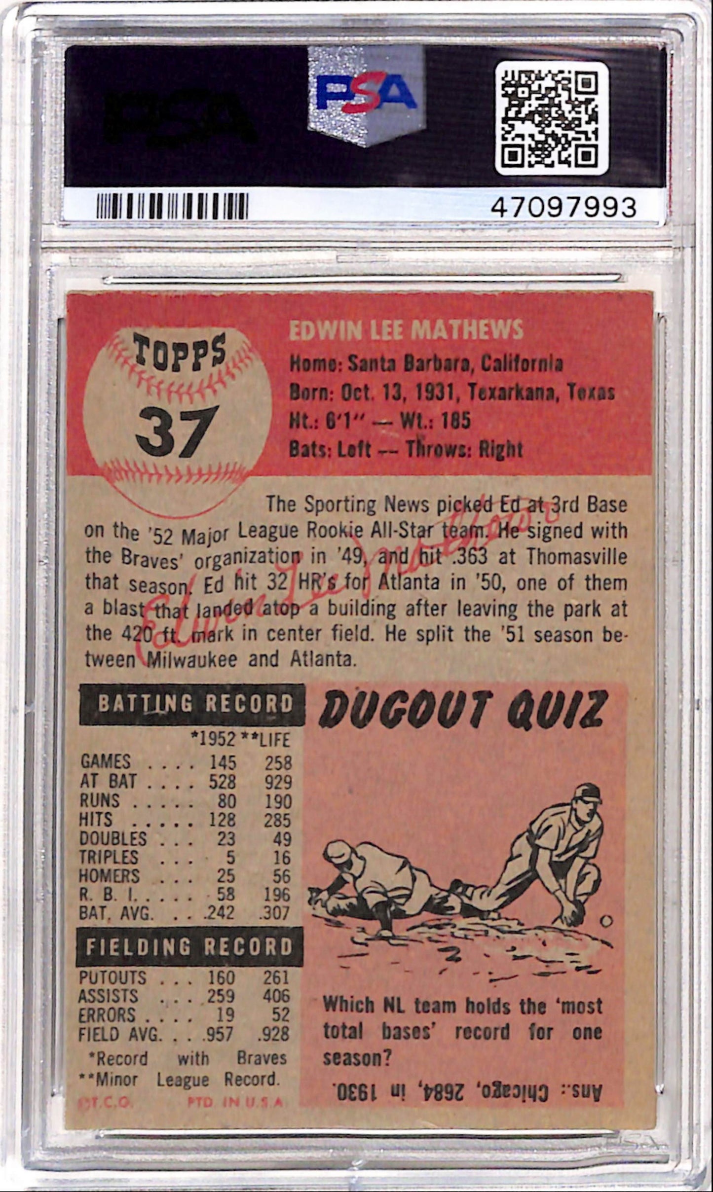 Ed Mathews 1953 Topps #37 PSA 7 Near Mint