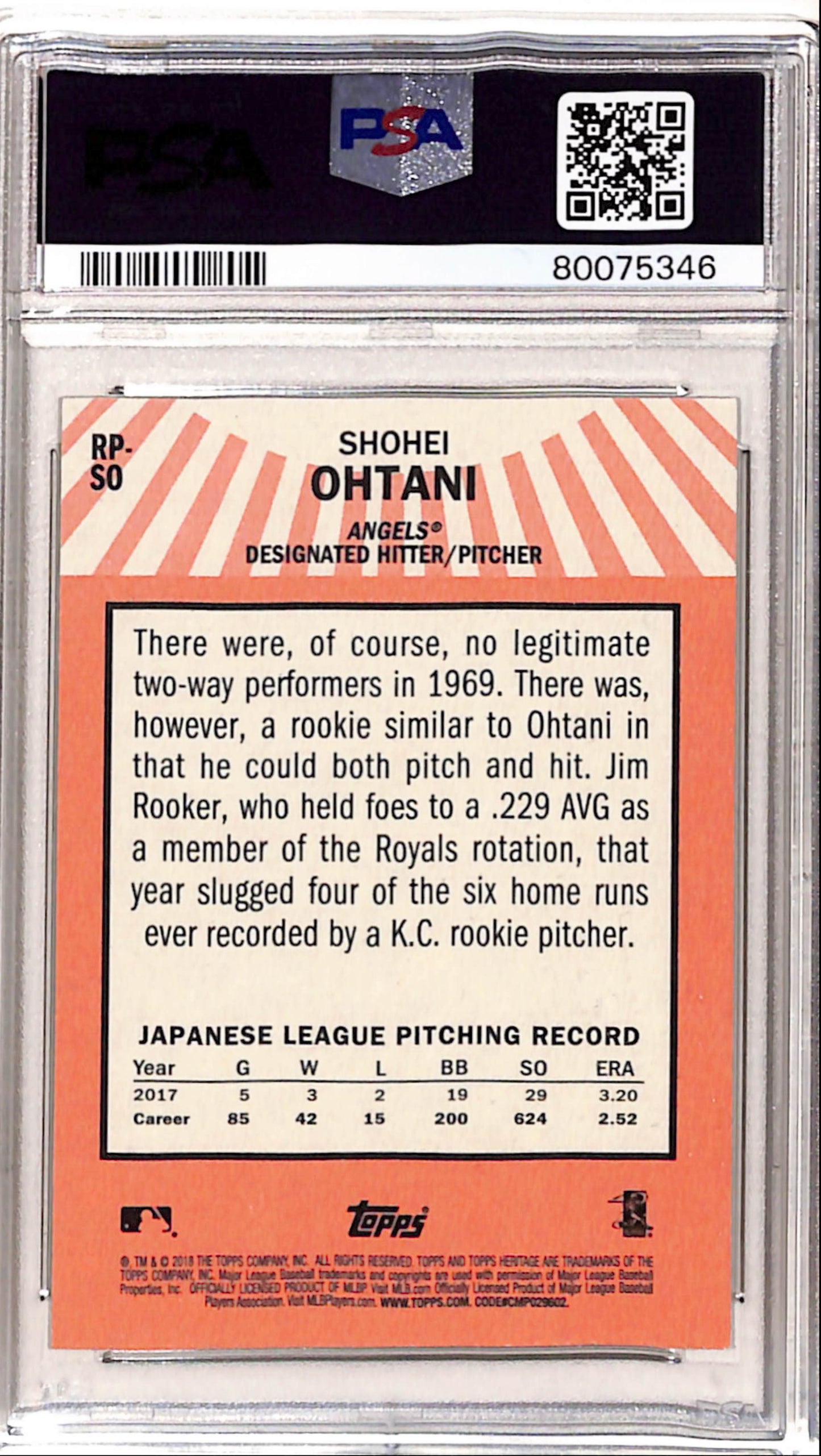 Shohei Ohtani 2018 Topps Heritage Rookie Performers PSA 10 Gem Mint 5346