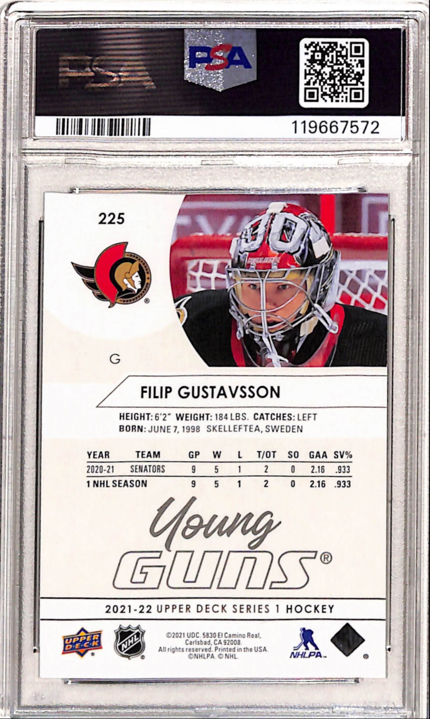 Filip Gustavsson 2021 Upper Deck Speckled Rainbow Foil #225 PSA 10 Gem Mint 7572