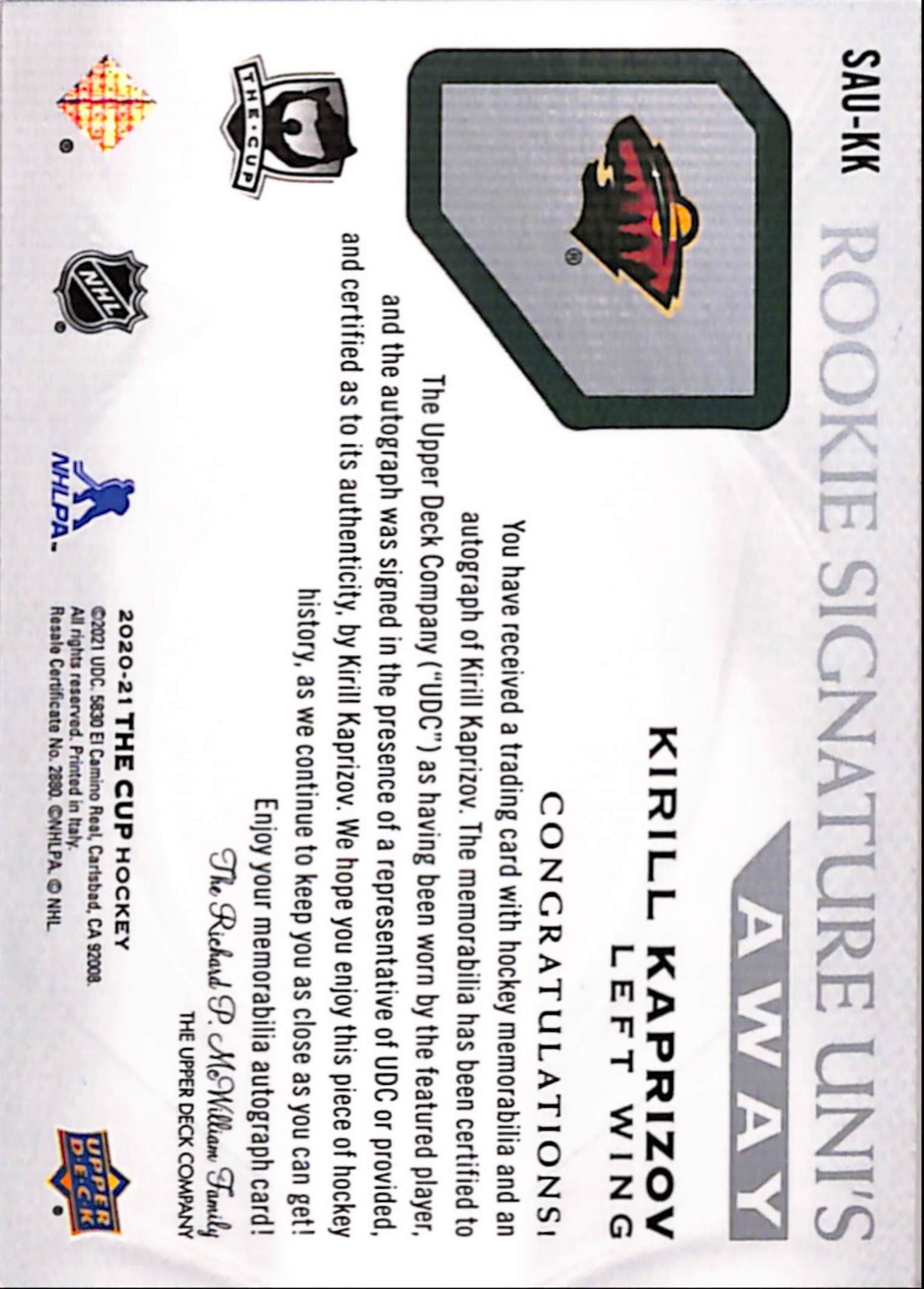 Kirill Kaprizov 2020 Upper Deck The Cup Rookie Signatures Away Patch Auto #43/49