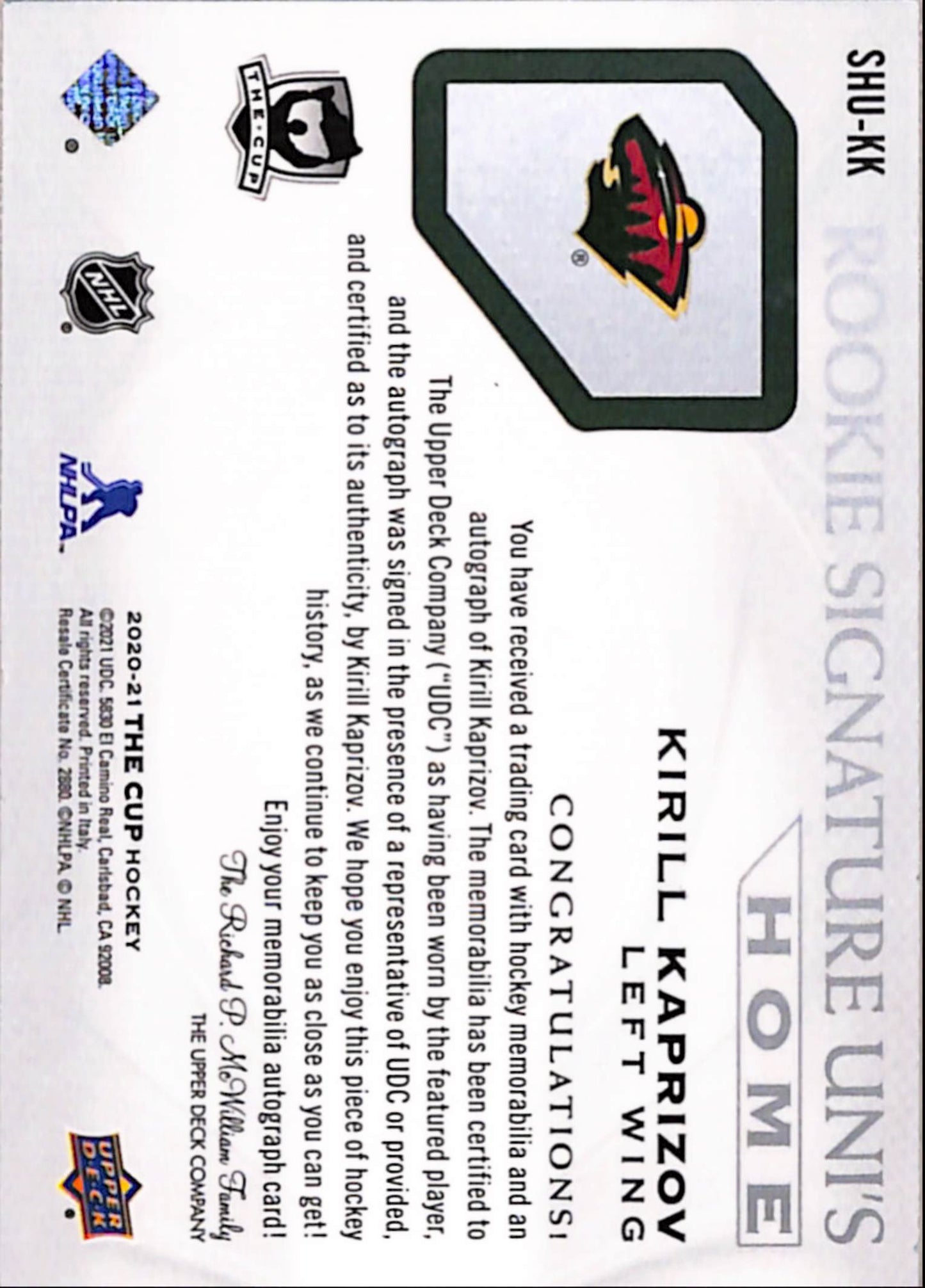 Kirill Kaprizov 2020 Upper Deck The Cup Rookie Signatures Home Patch Auto #23/49