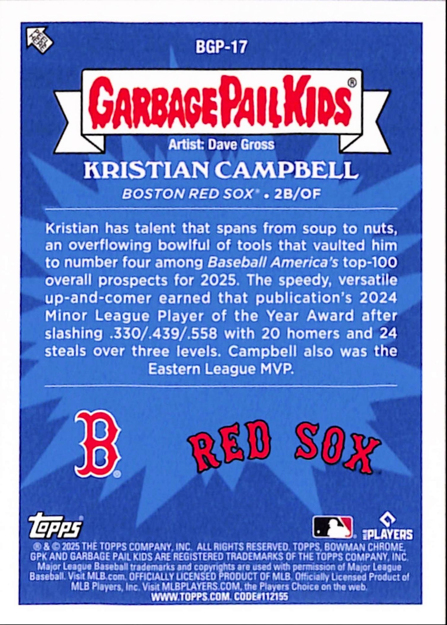 Kristian Campbell 2025 Bowman Chrome Garbage Pail Kids SP Insert