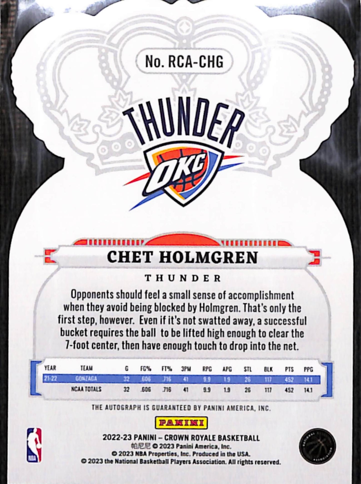 Chet Holmgren 2022 Panini Crown Royale Die-Cut Auto Rookie #8/49