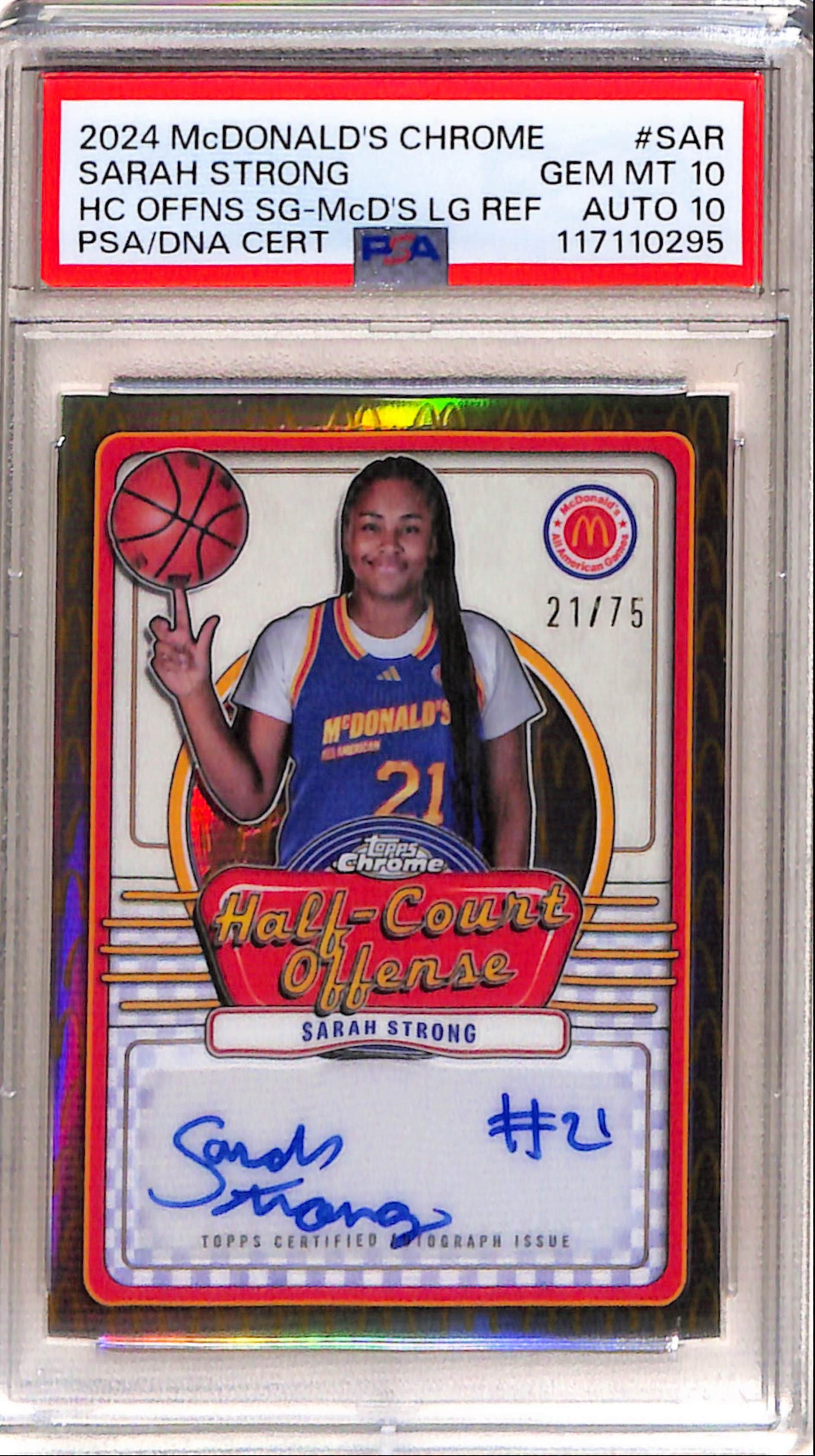 Sarah Strong 2024 Topps McDonalds Chrome Half-Court Offense Gold Auto #21/50 Jersey # PSA 10 Auto 10