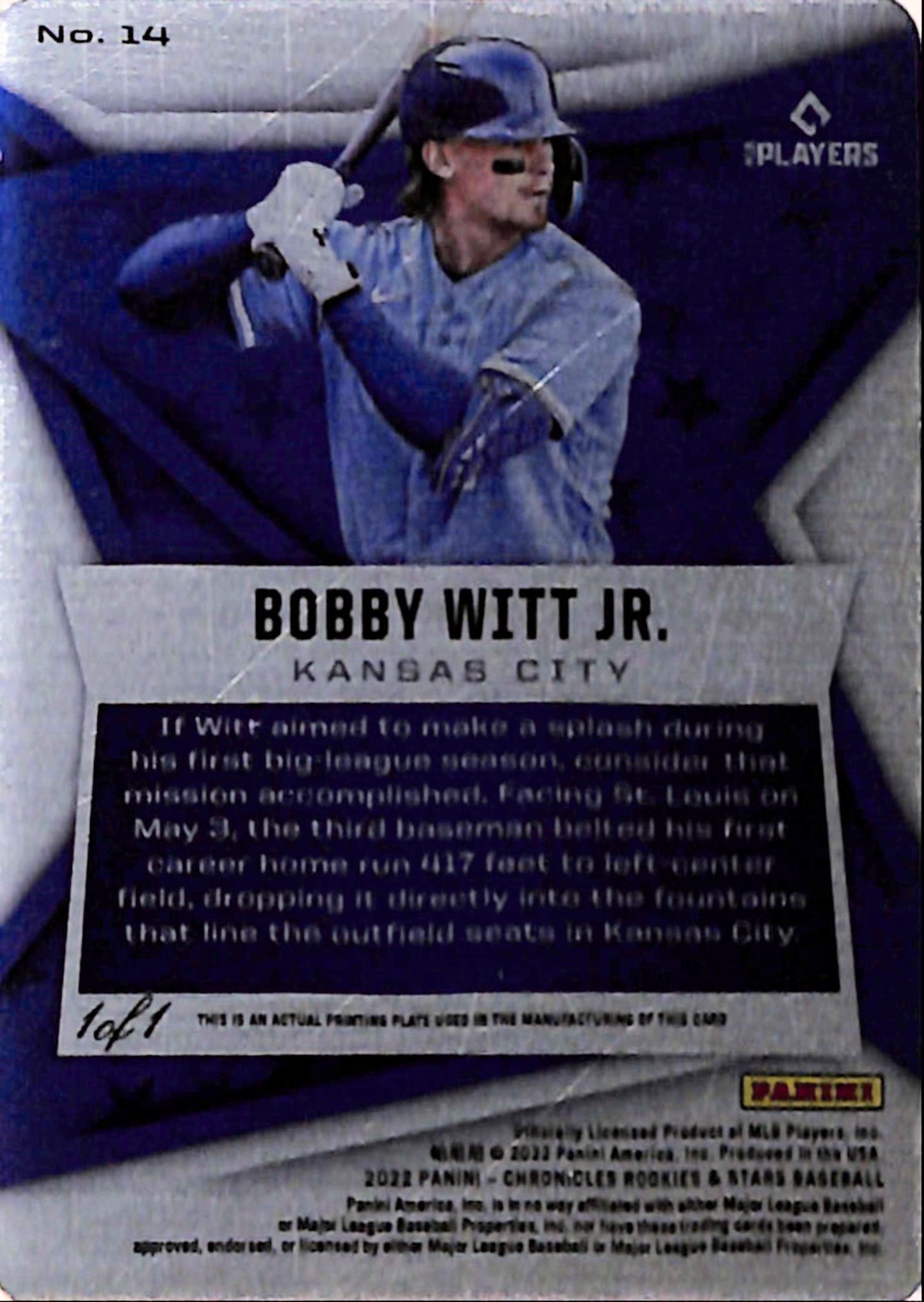 Bobby Witt Jr. 2022 Panini Rookies and Stars Printing Plate Rookie #1/1