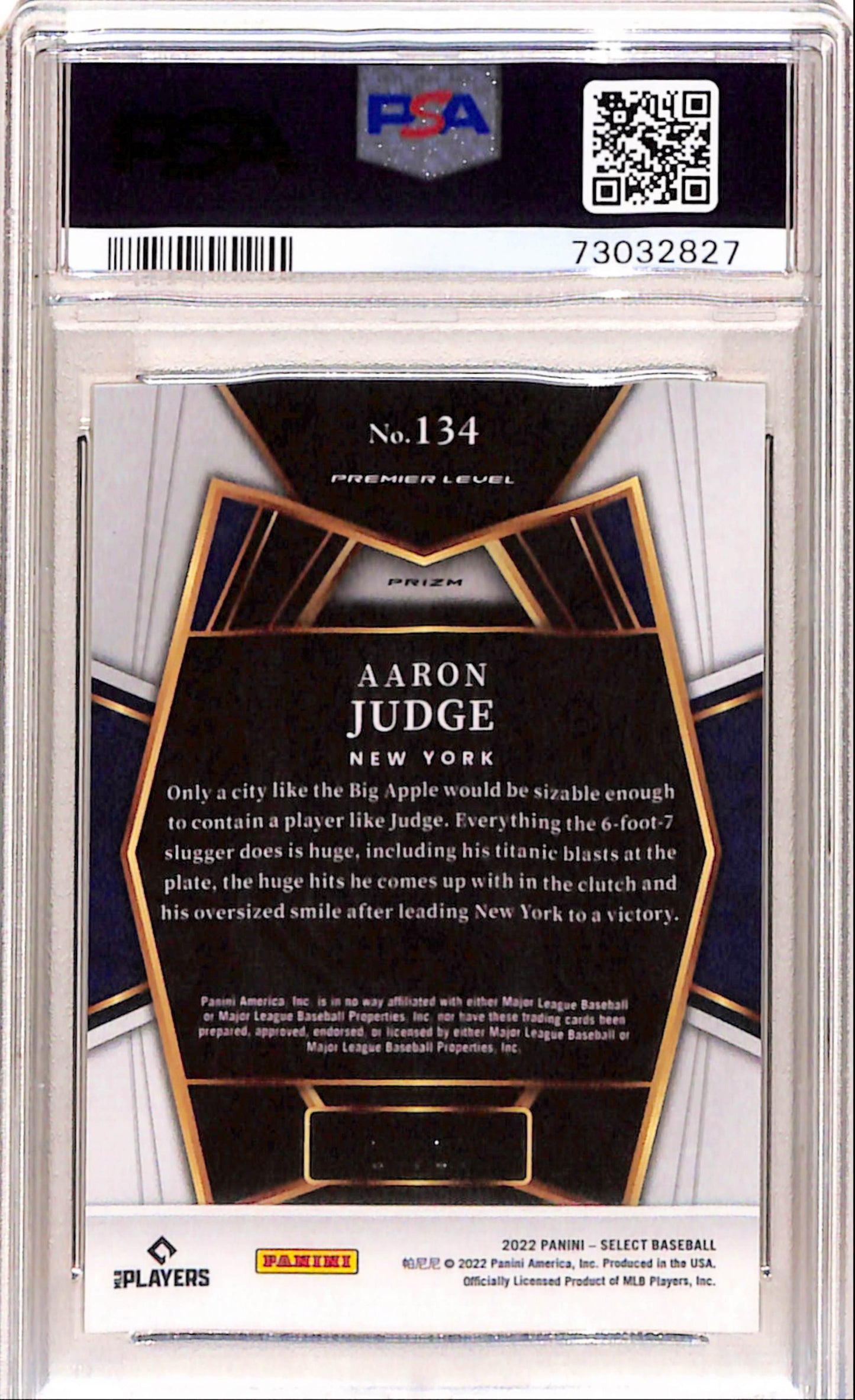 Aaron Judge 2022 Panini Select #134 Gold Prizm #10/10 PSA 10 Gem Mint