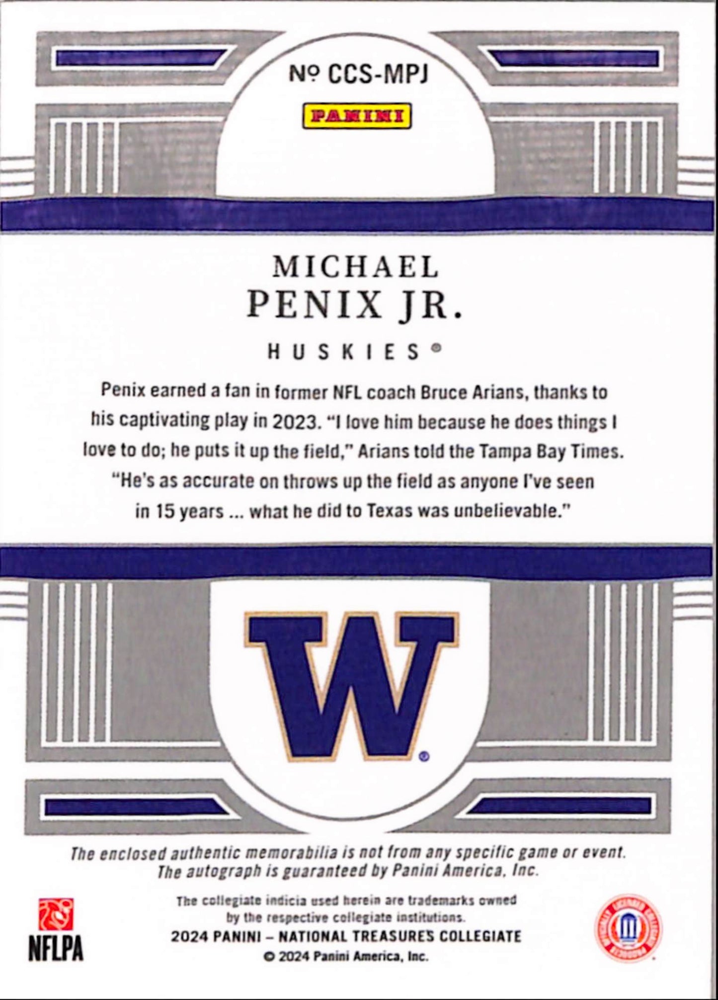 Michael Penix Jr. 2024 Panini National Treasure Rookie Patch Auto #4/10