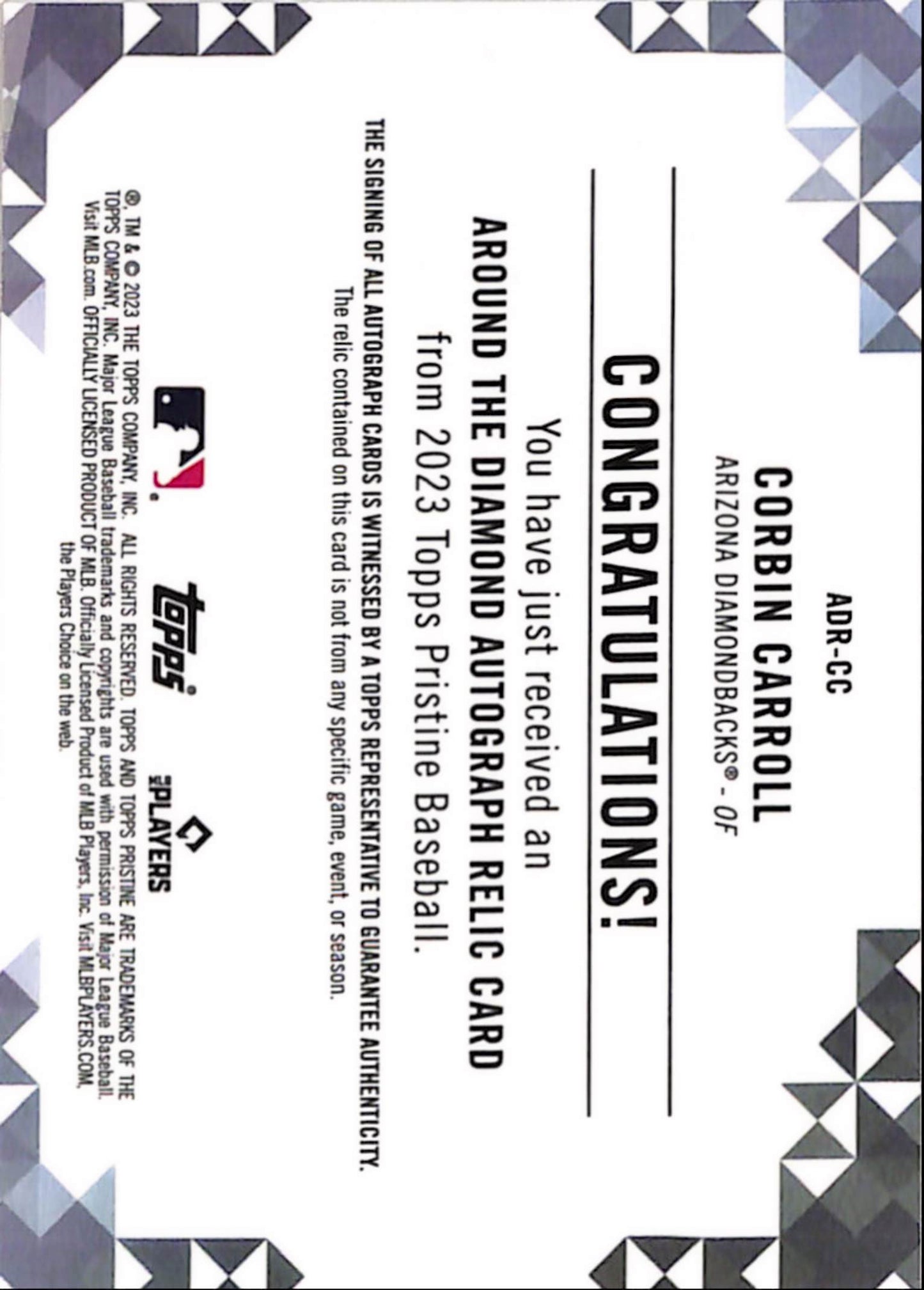 Corbin Carroll 2023 Topps Pristine Around the Diamond Rookie Relic Auto