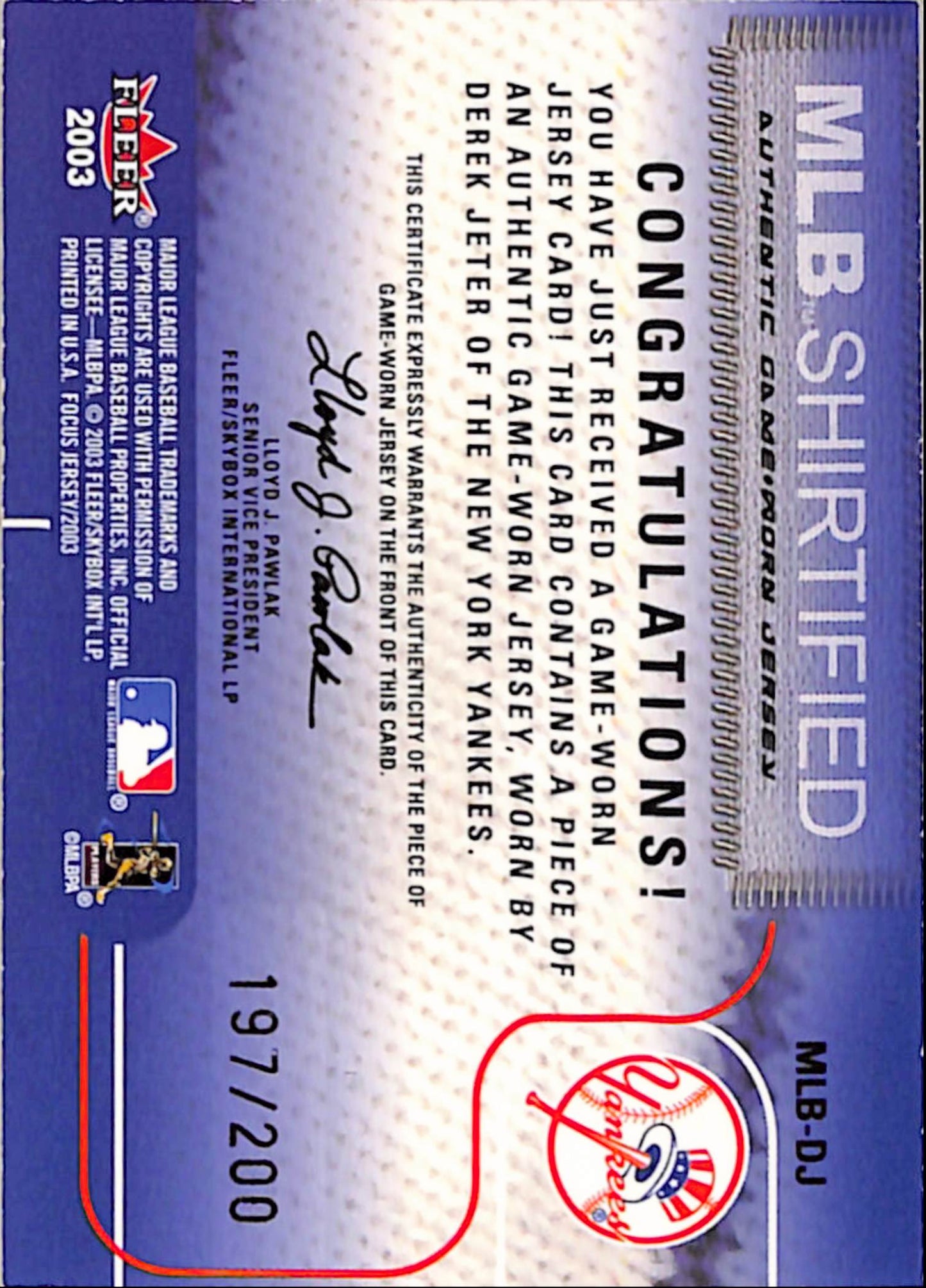 Derek Jeter 2003 Fleer Focus MLB Shirtified Game-Worn Patch #197/200