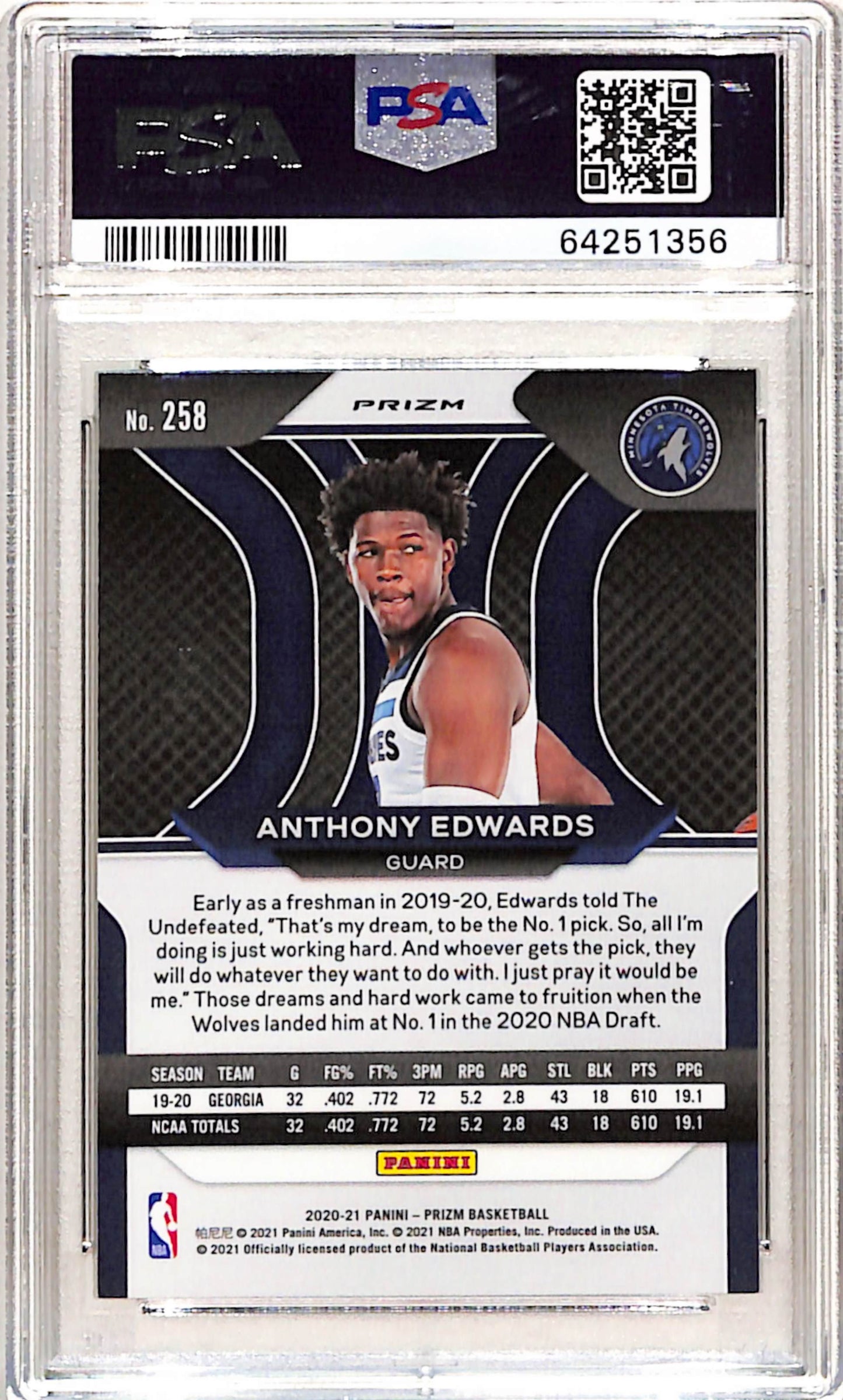 Anthony Edwards 2020 Panini Prizm #258 Choice Blue/Yellow/Green PSA 10 Gem Mint