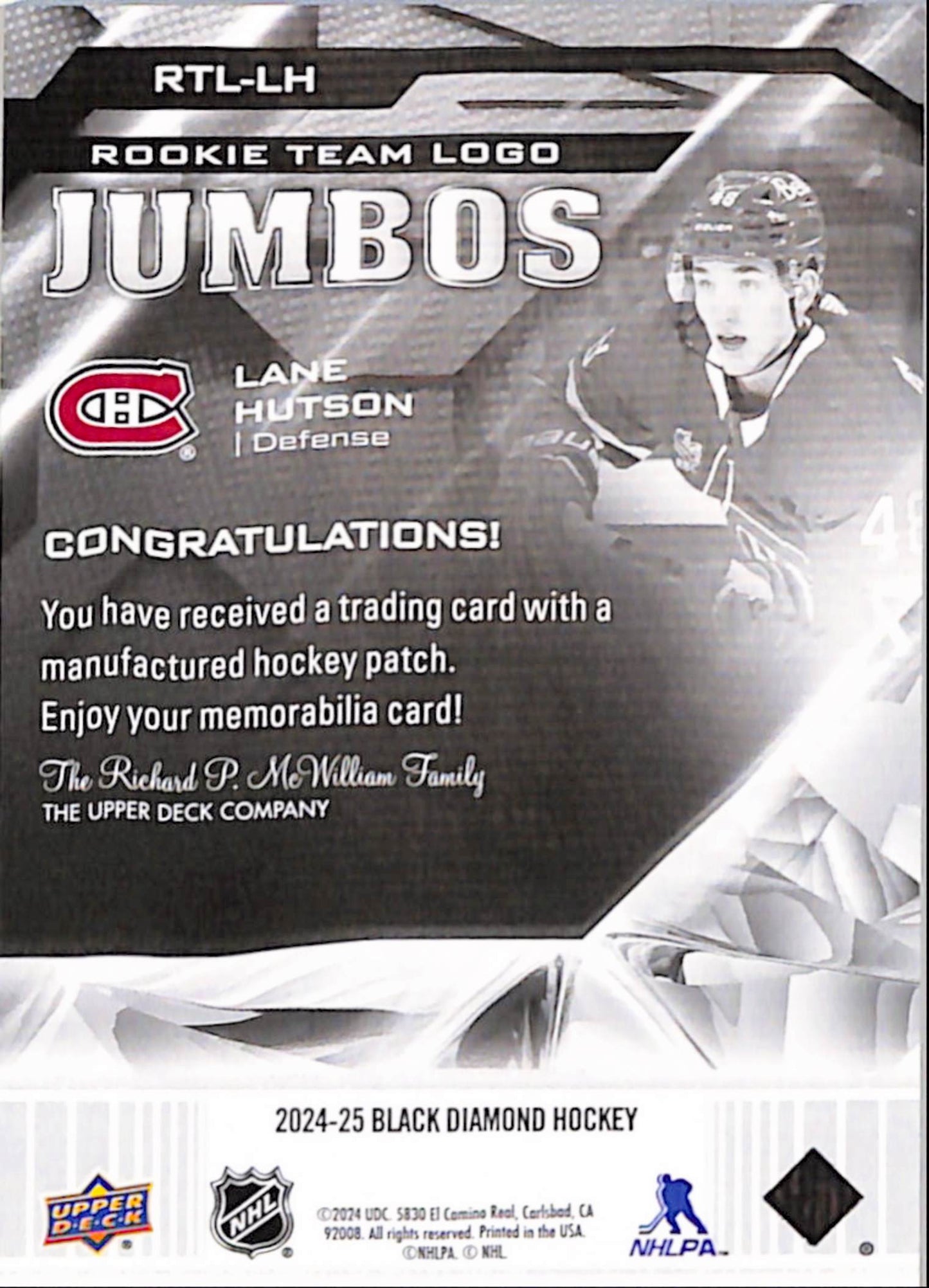 Lane Hutson 2024 Upper Deck Black Diamond Rookie Team Logo Jumbos