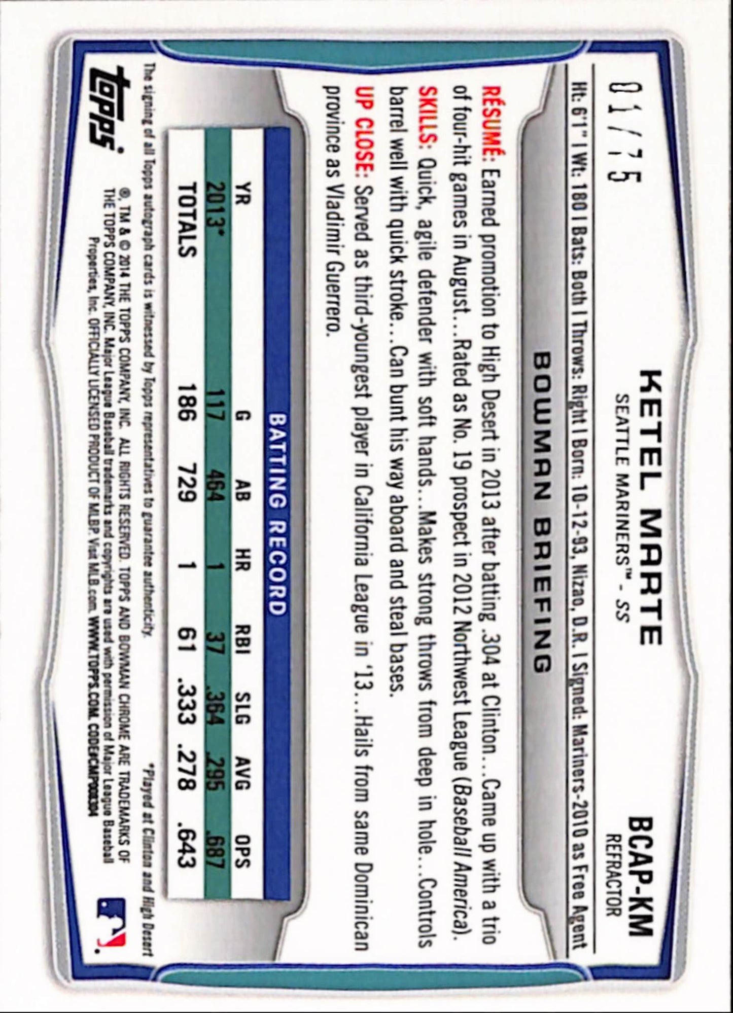 Ketel Marte 2014 Bowman Chrome Green Autograph #1/75