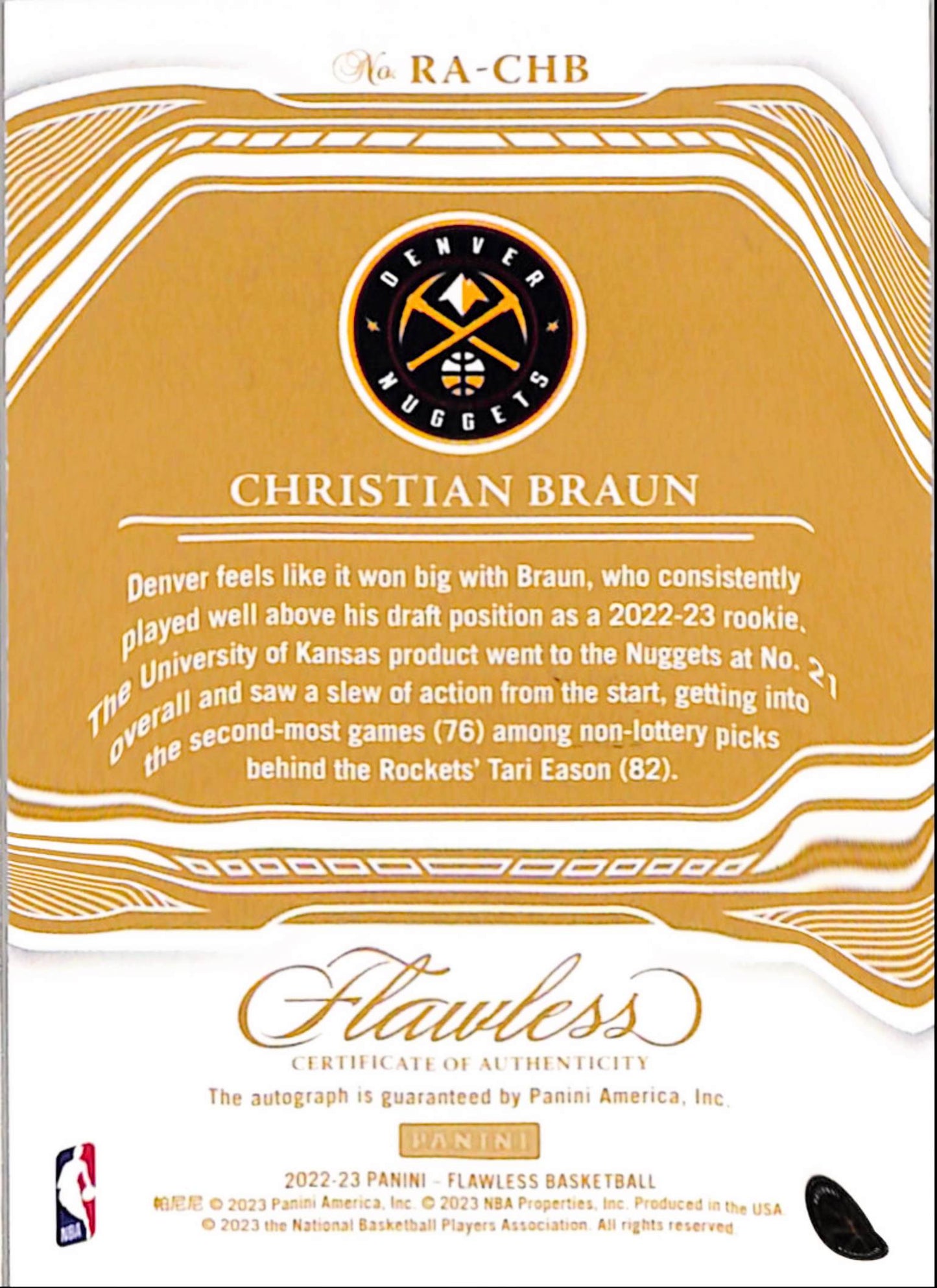 Christian Braun 2022 Panini Flawless Rookie Autographs #1/25