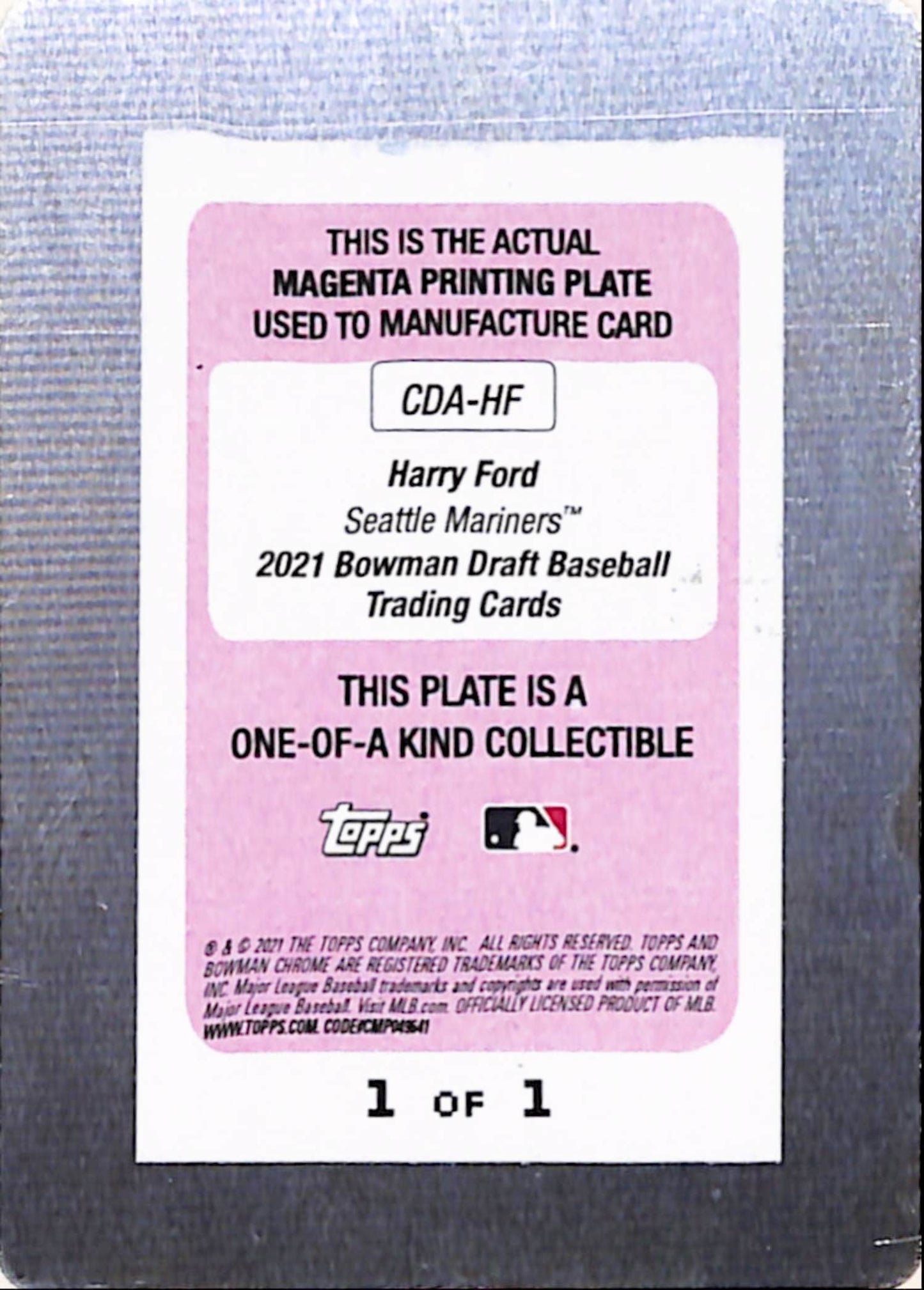 Harry Ford 2021 Bowman Draft Magenta Printing Plate Auto #1/1