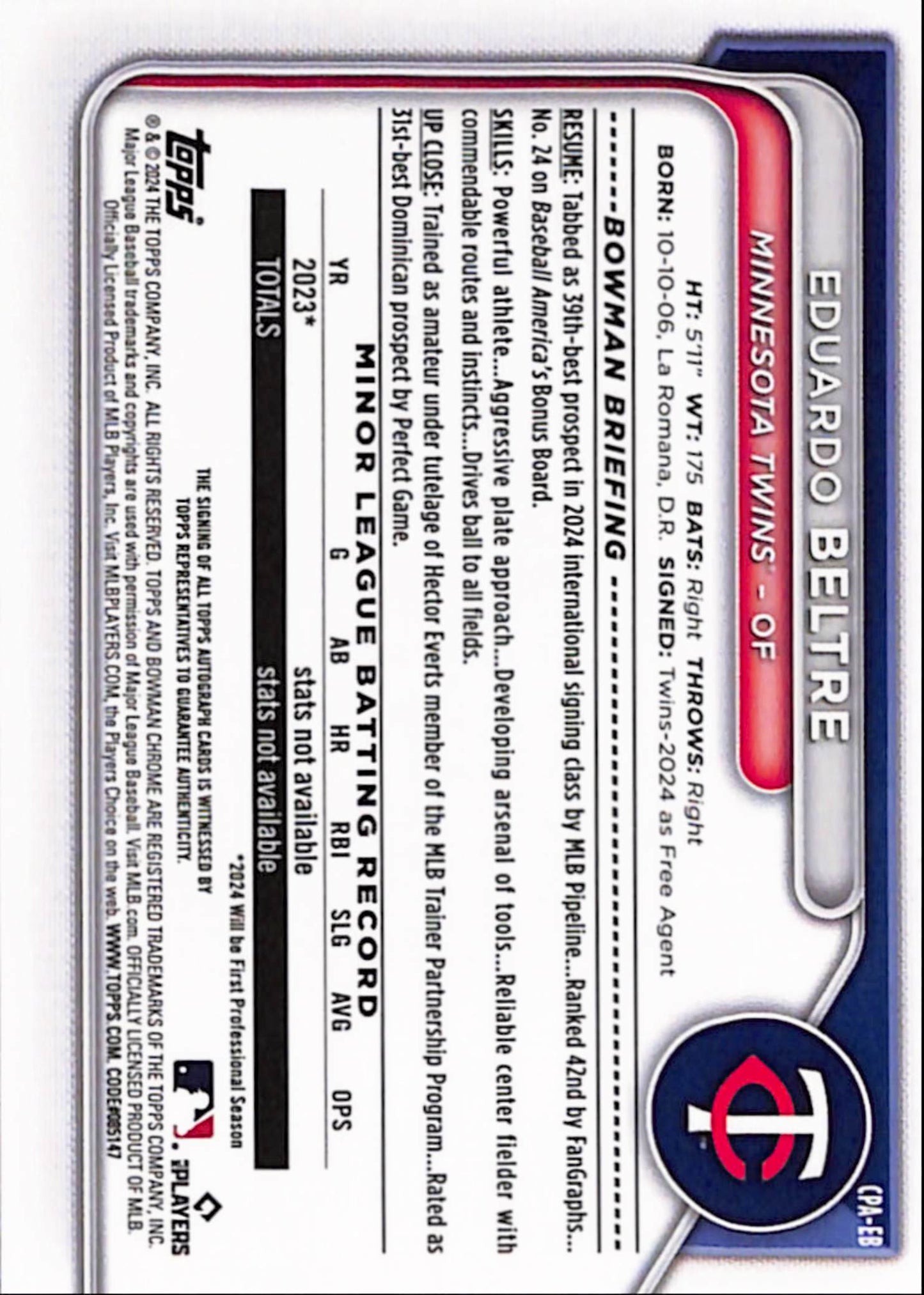 Eduardo Beltre 2024 Bowman Chrome Orange Lava Auto #18/25