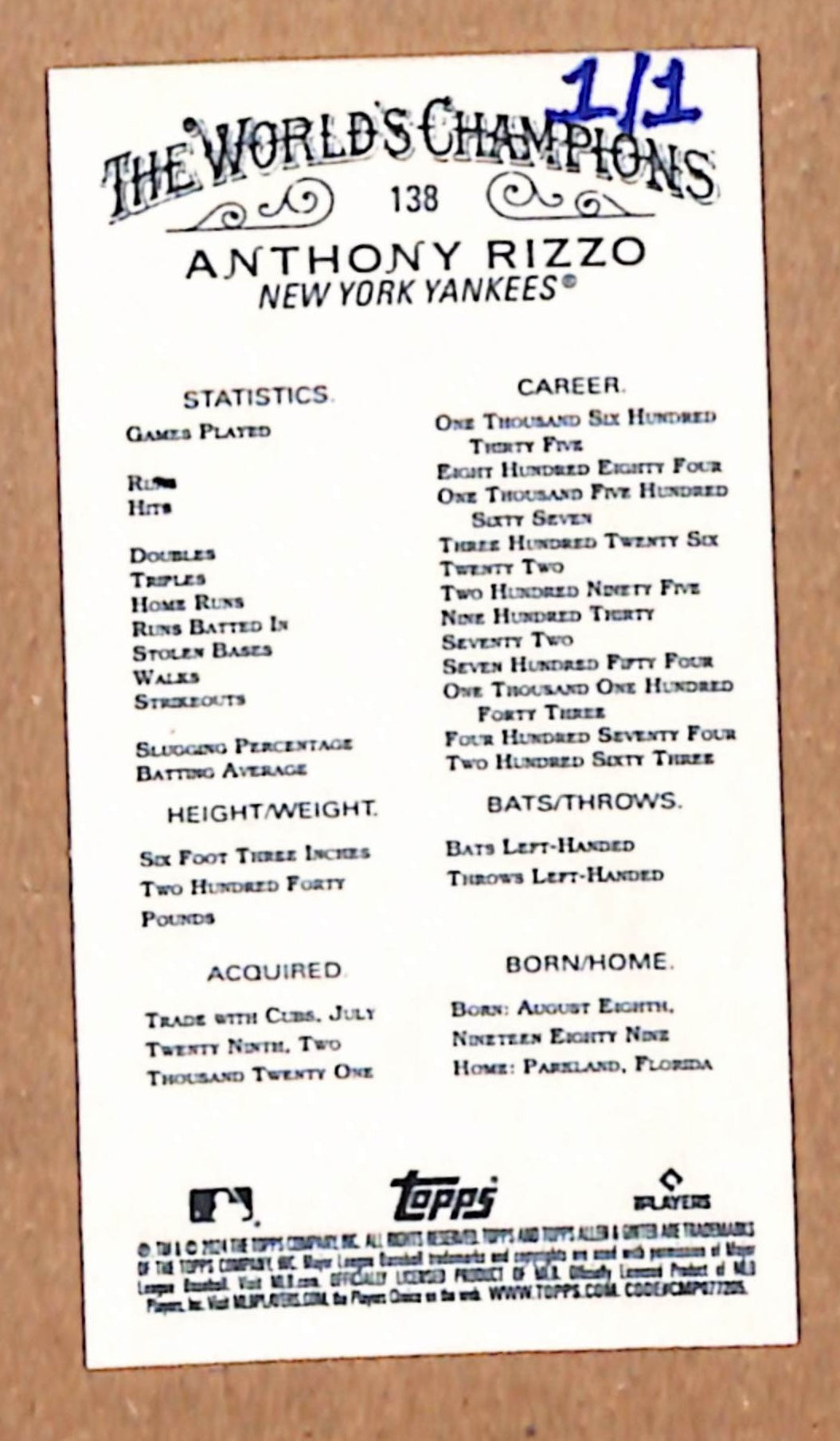 Anthony Rizzo 2024 Topps Allen and Ginter Platinum Mini 1/1