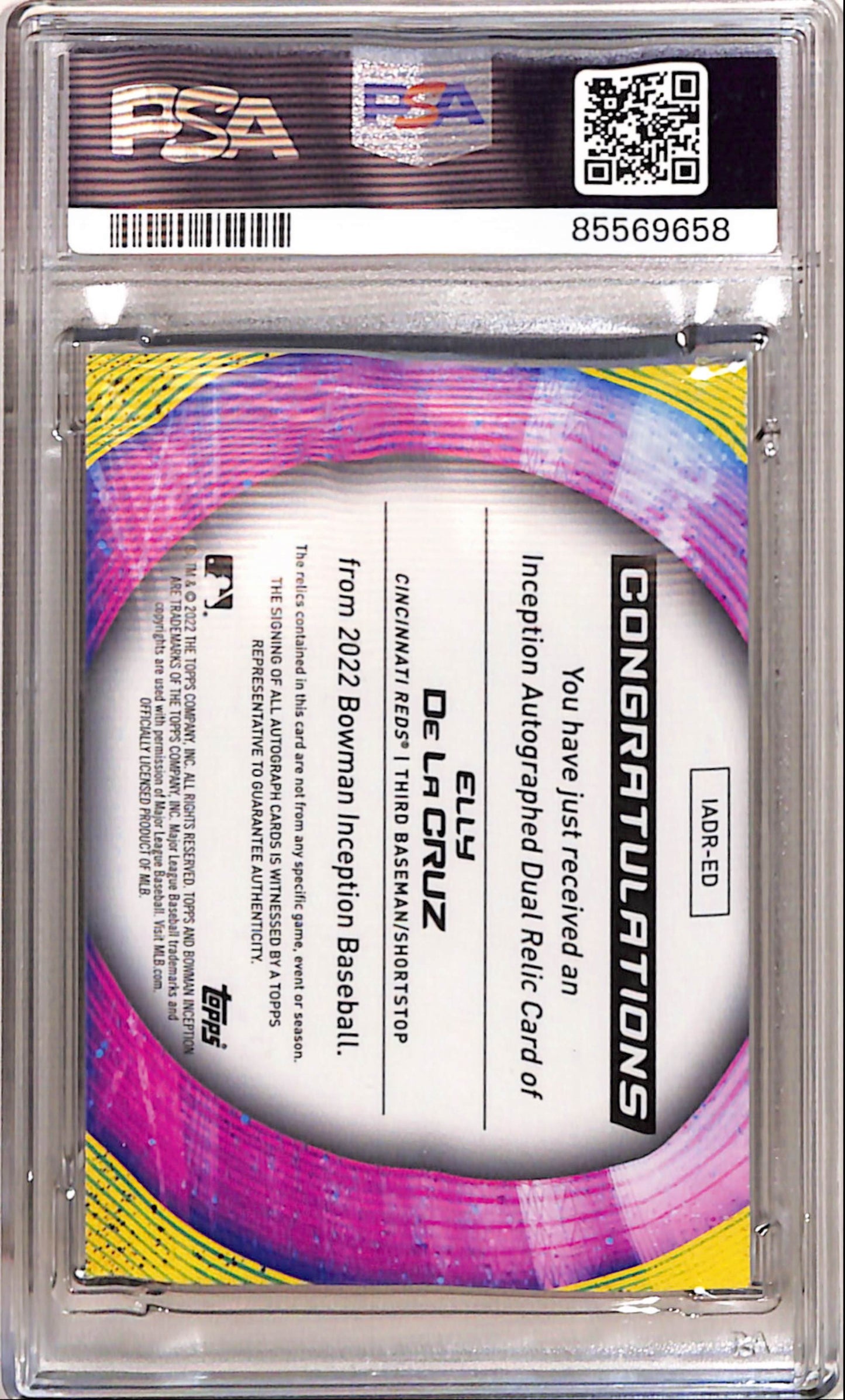 Elly De La Cruz 2022 Bowman Inception 01/25 Dual Auto Relic Orange Foil PSA 8 Near Mint-Mint