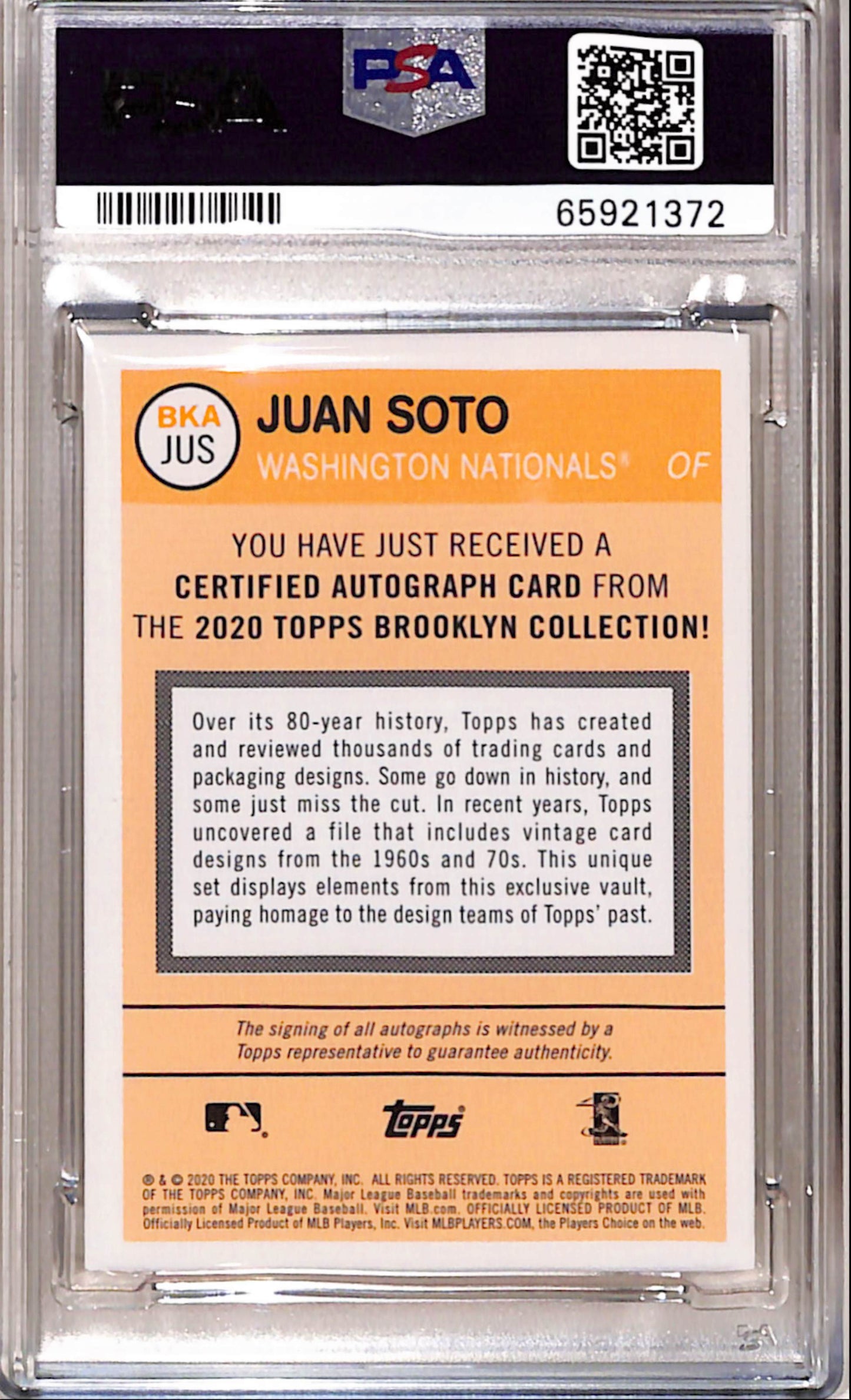 Juan Soto 2020 Topps Brooklyn Collection Orange Auto #12/20 PSA 10 Auto 10