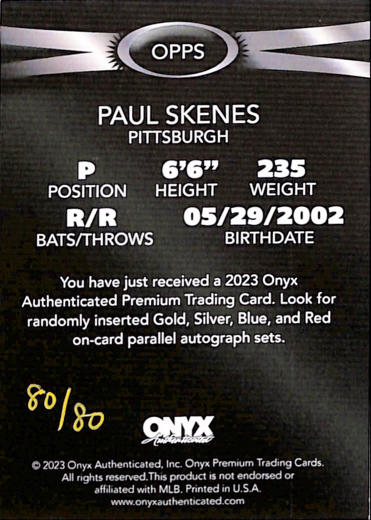 Paul Skenes 2023 Onyx Authenticated Auto #80/80