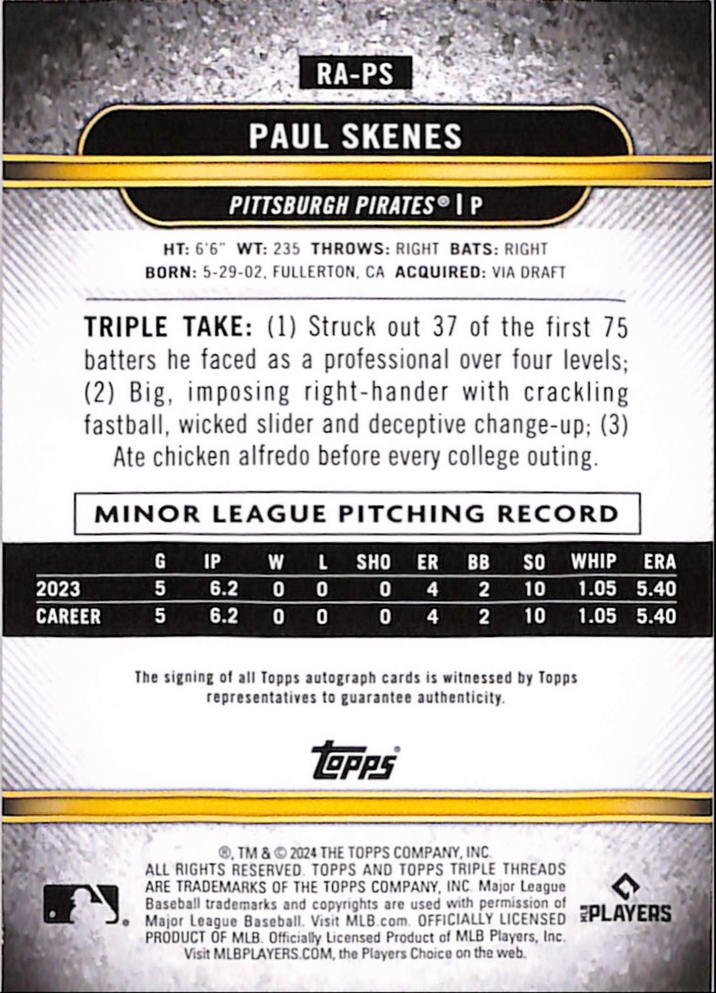 Paul Skenes 2024 Topps Triple Threads Purple Auto Rookie #66/75